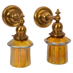 Pair Antique Arts & Crafts Mission Brass Gold Aurene Steuben Glass Wall Sconces