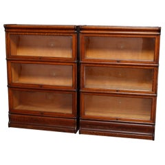 Pair of Vintage Arts & Crafts Oak 3-Section Barrister Bookcases by Macey