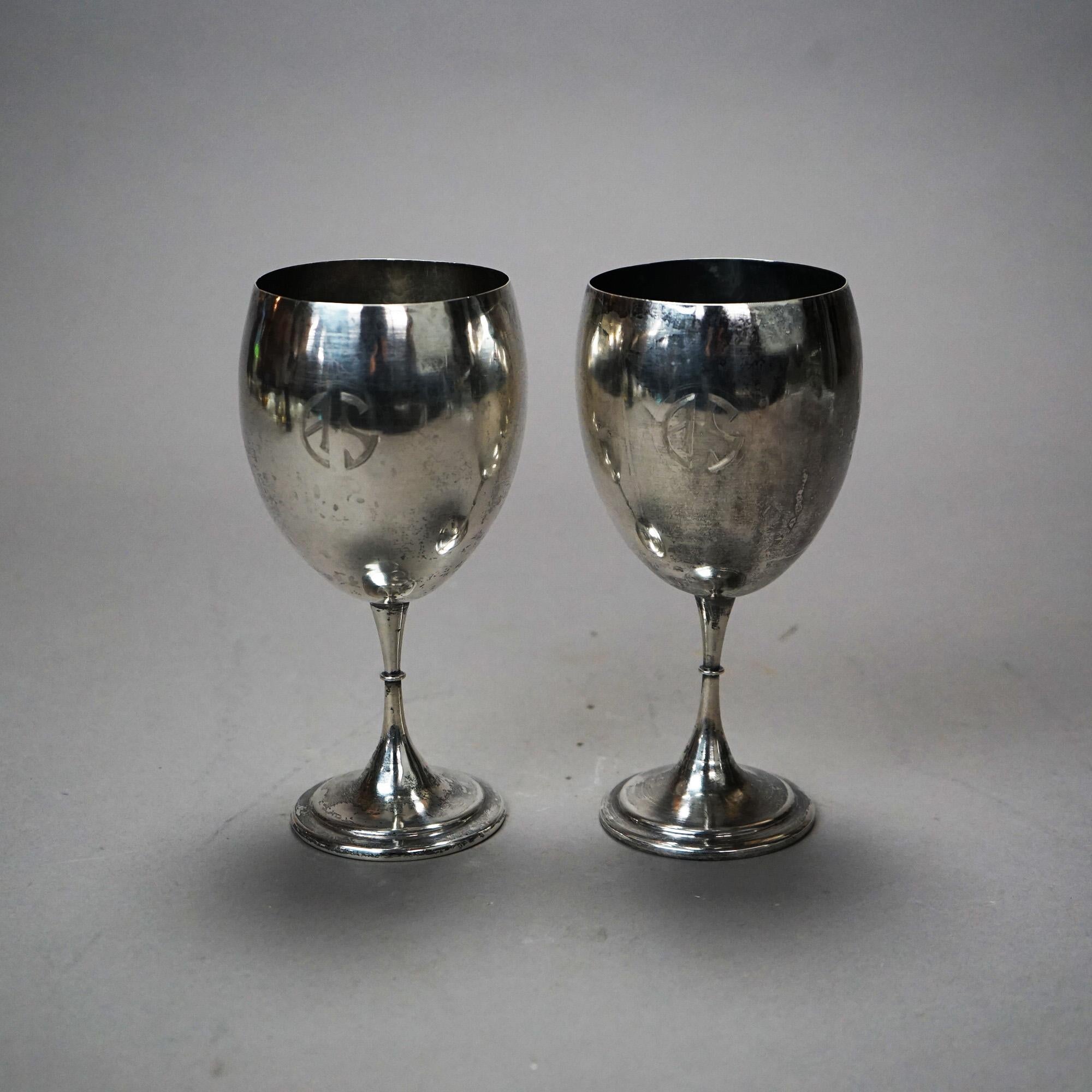 Pair Antique Arts & Crafts Sterling Silver Goblets, Monogram AS, A. Stone (attr), 10 OTZ

Measures - 7