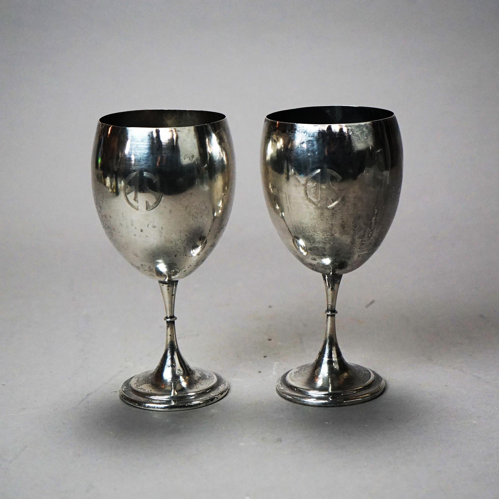 Pair Antique Arts & Crafts Sterling Silver Goblets, Monogram AS, A. Stone (attr) In Good Condition In Big Flats, NY