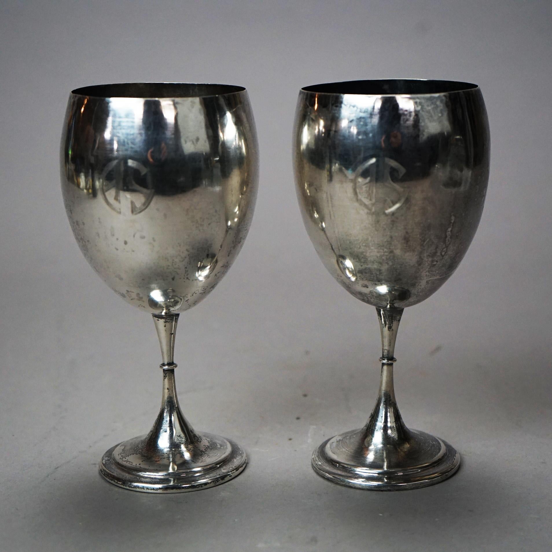 20th Century Pair Antique Arts & Crafts Sterling Silver Goblets, Monogram AS, A. Stone (attr)
