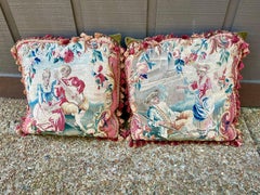 Pair Large Antique Aubusson Style Tapestry Pillows