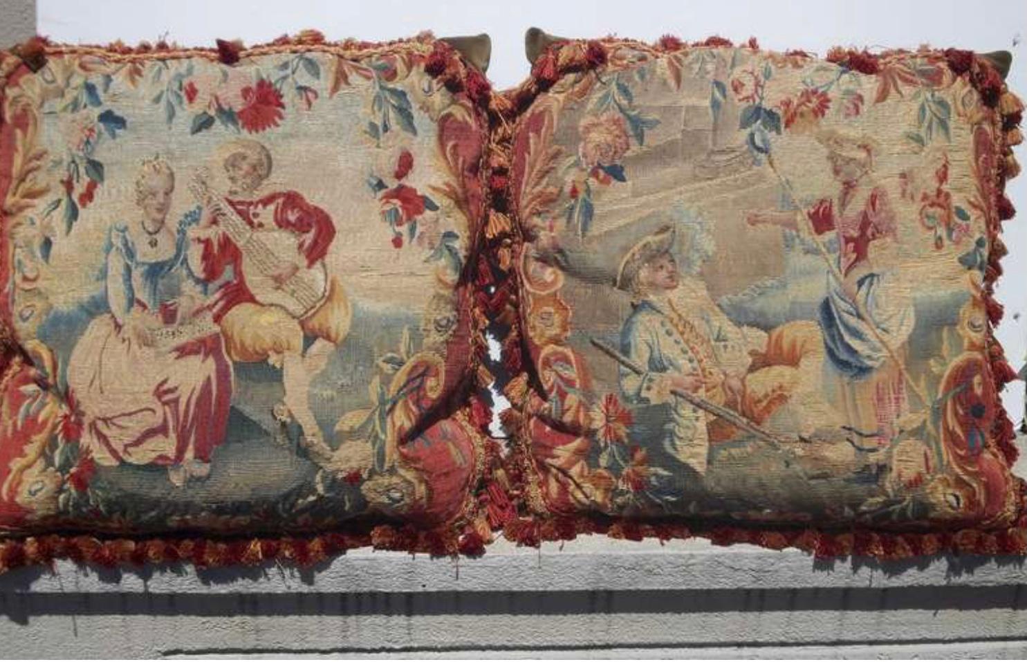 French Pair Large Antique Aubusson Style Tapestry Pillows  For Sale
