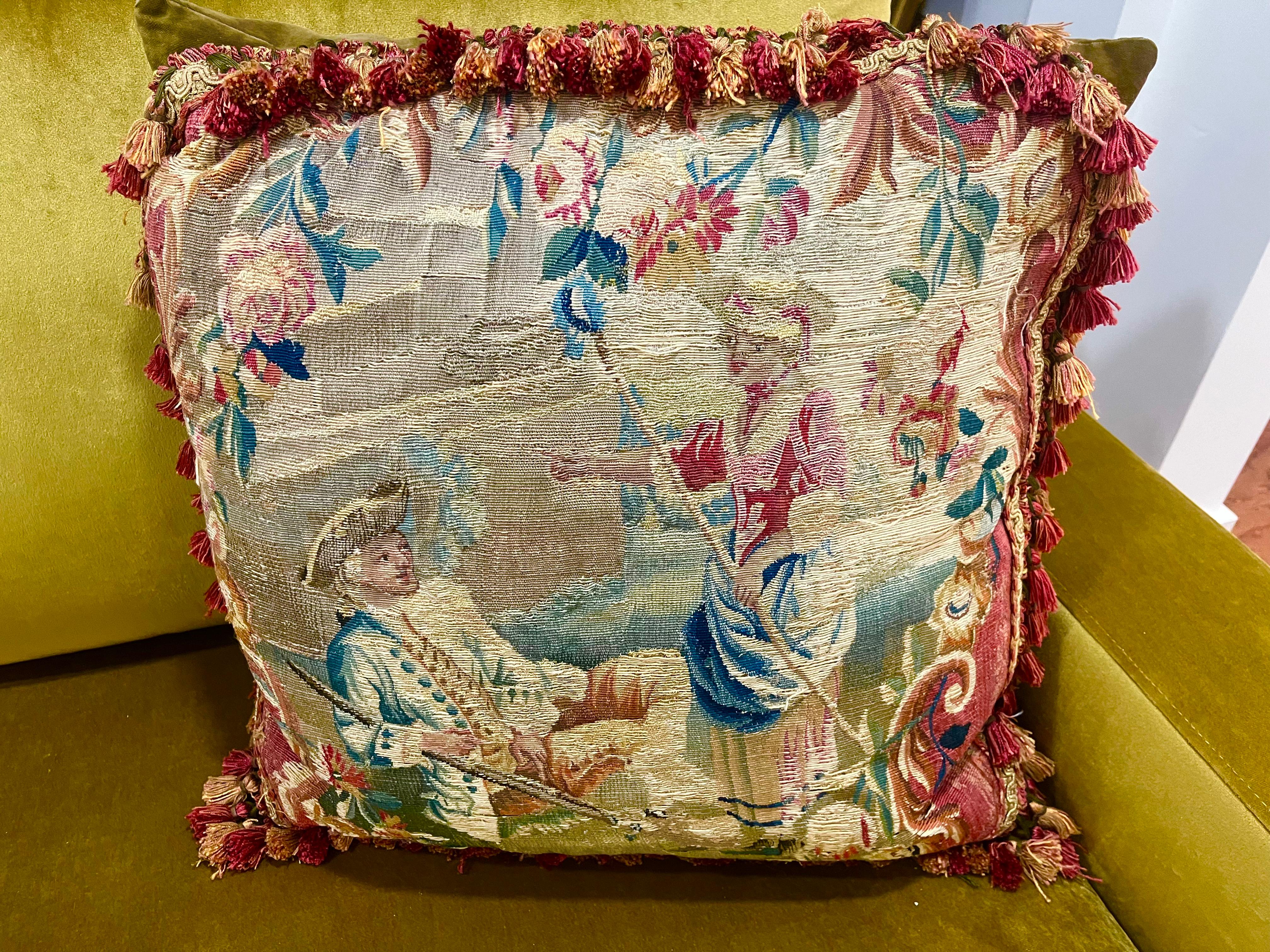 19th Century Pair Large Antique Aubusson Style Tapestry Pillows  For Sale