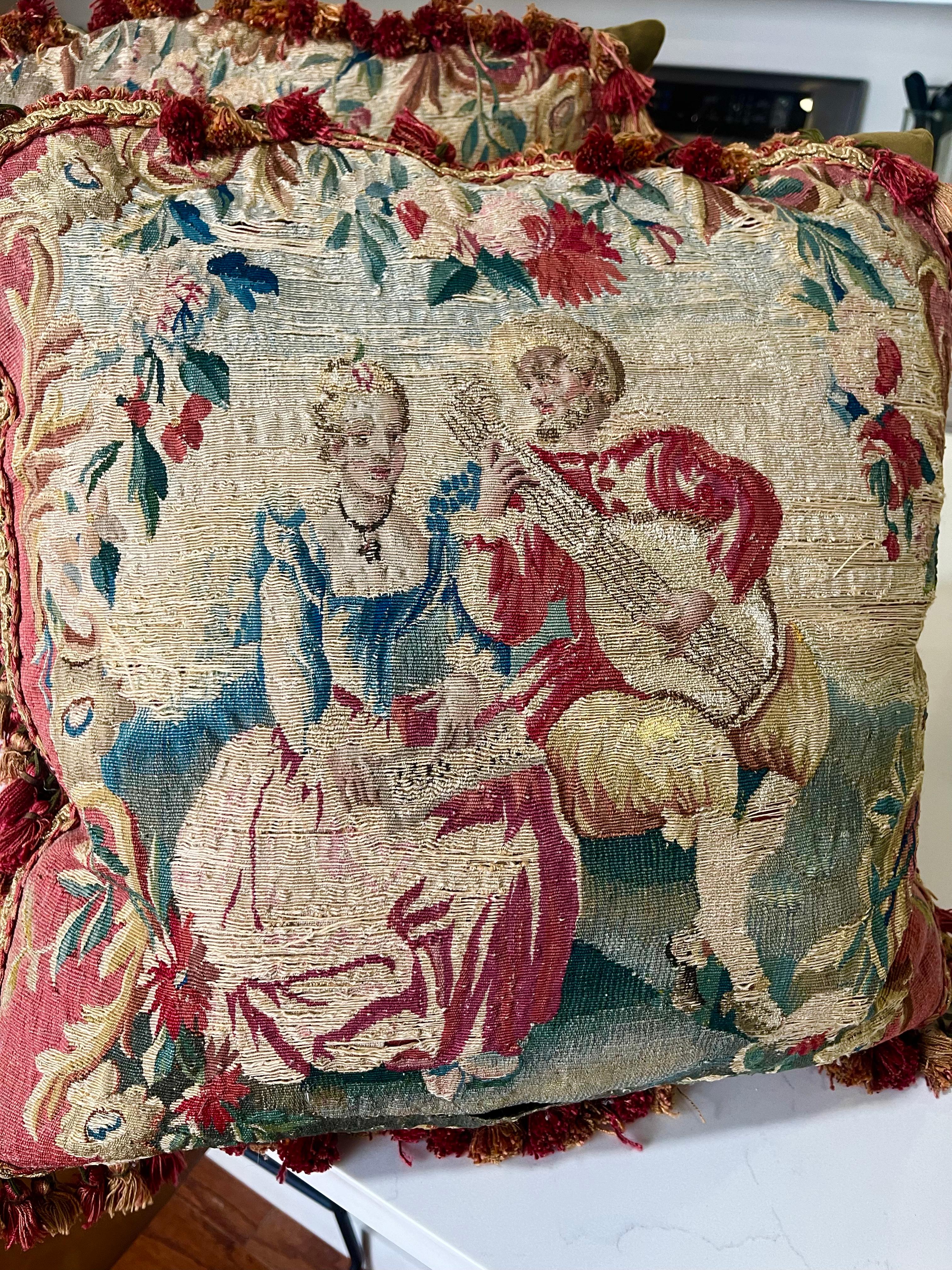 Pair Large Antique Aubusson Style Tapestry Pillows  For Sale 1