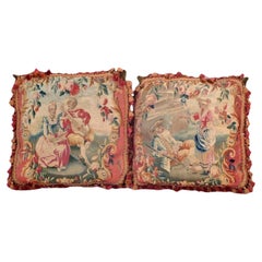 Pair Large Antique Aubusson Style Tapestry Pillows 