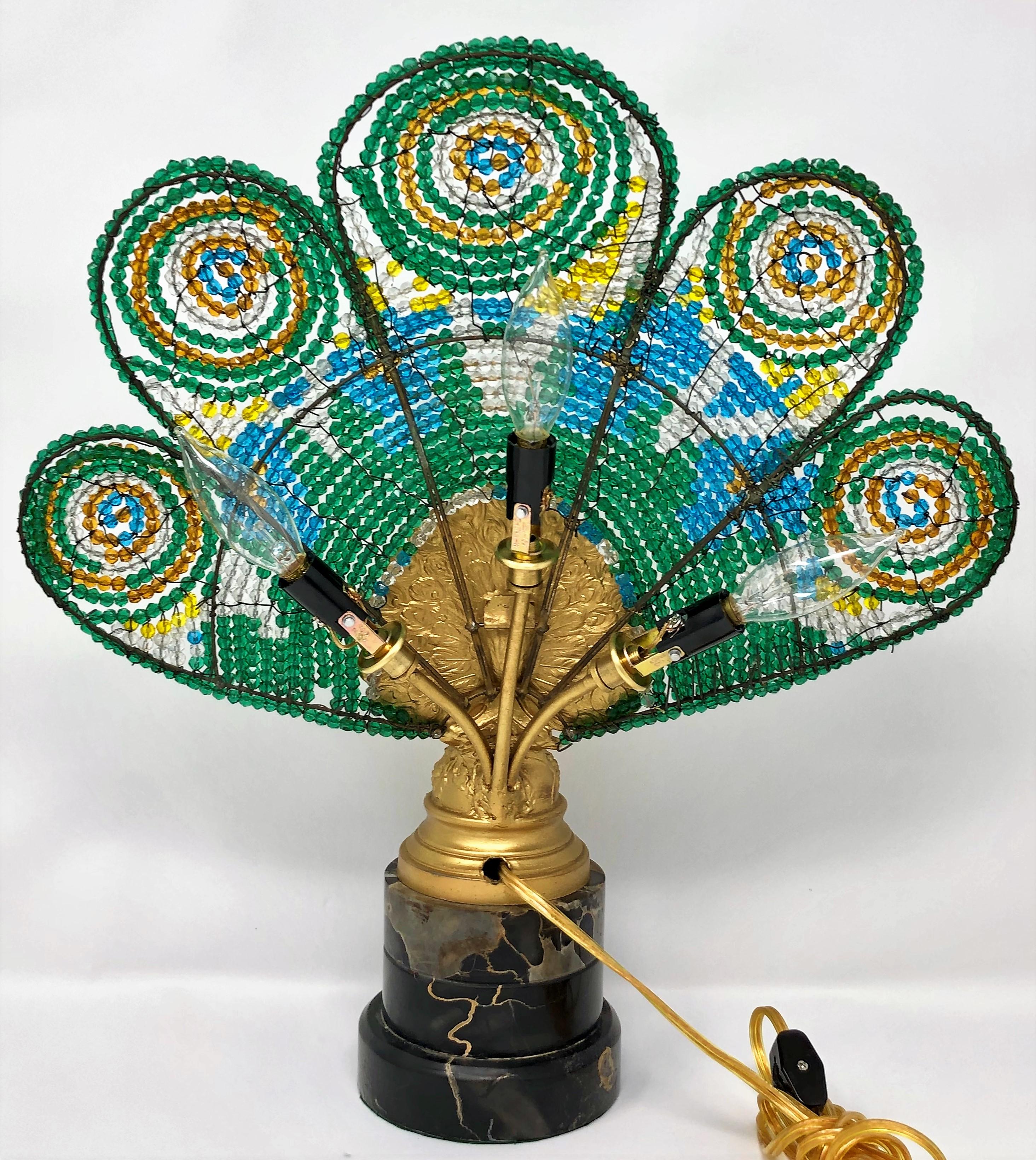 Pair of Antique Austrian Peacock Lamps, Bronze with Art Glass Plumes In Excellent Condition In New Orleans, LA
