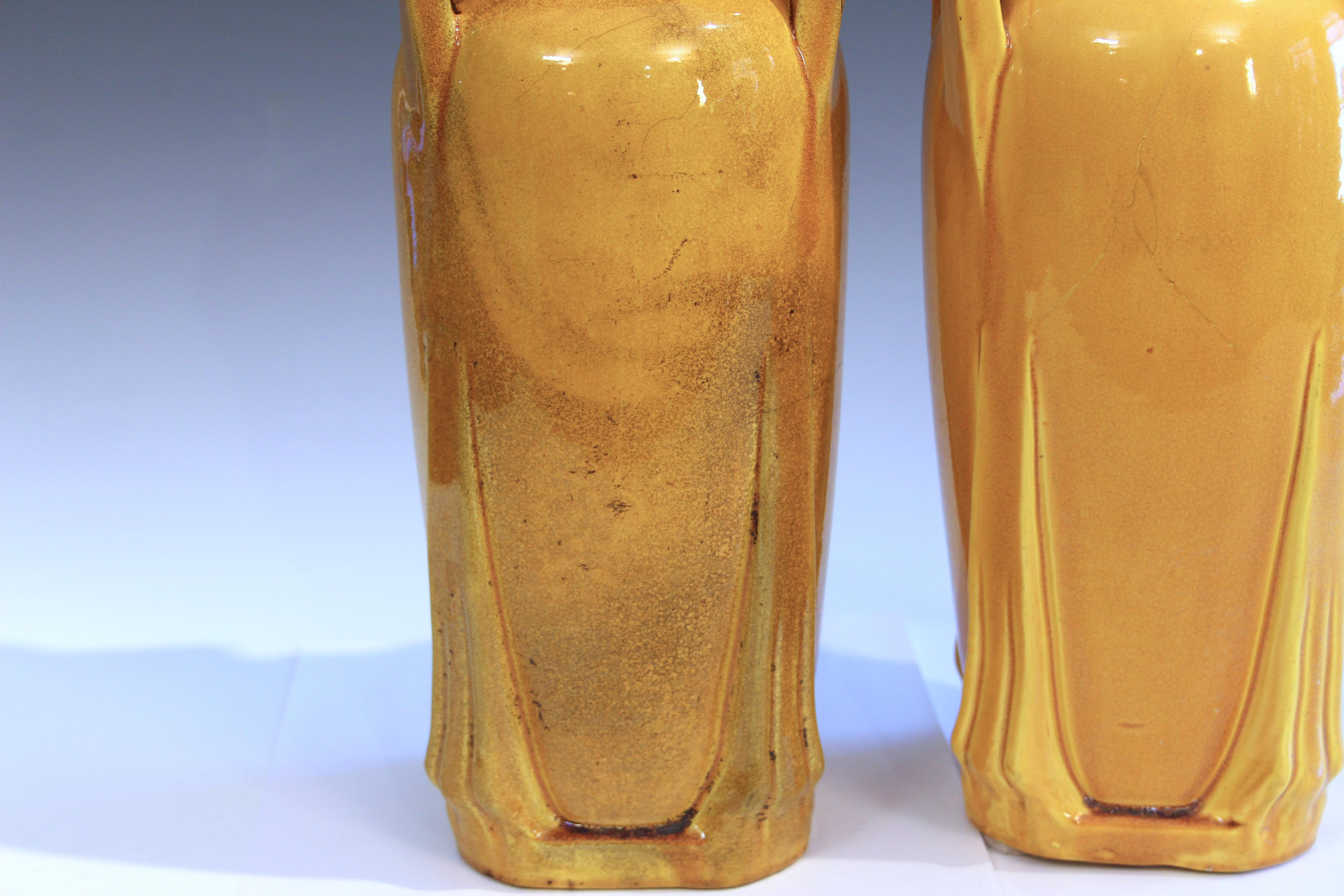 Pair Antique Awaji Pottery Arts & Crafts Yellow Buttress Architectural Vases For Sale 2