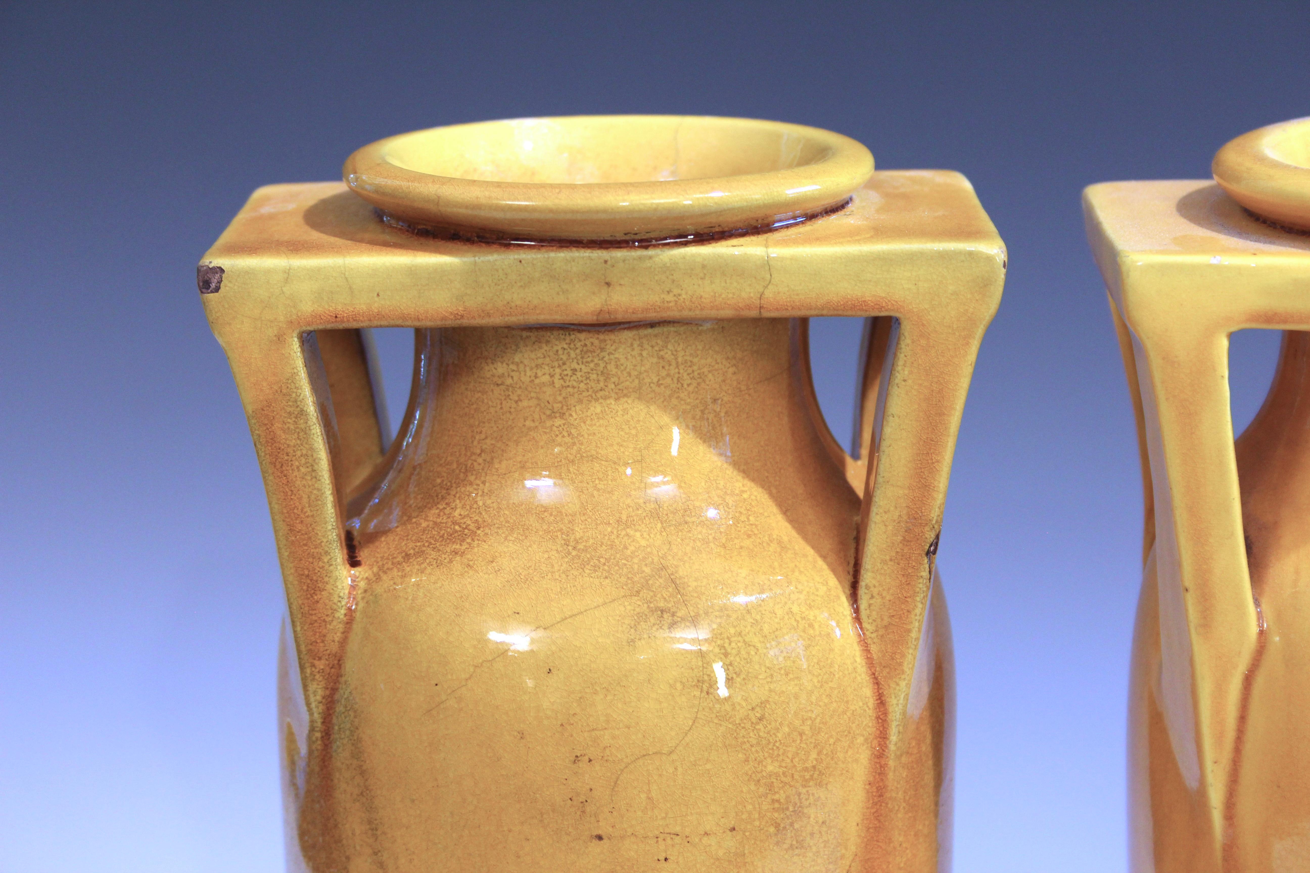 Pair Antique Awaji Pottery Arts & Crafts Yellow Buttress Architectural Vases For Sale 3
