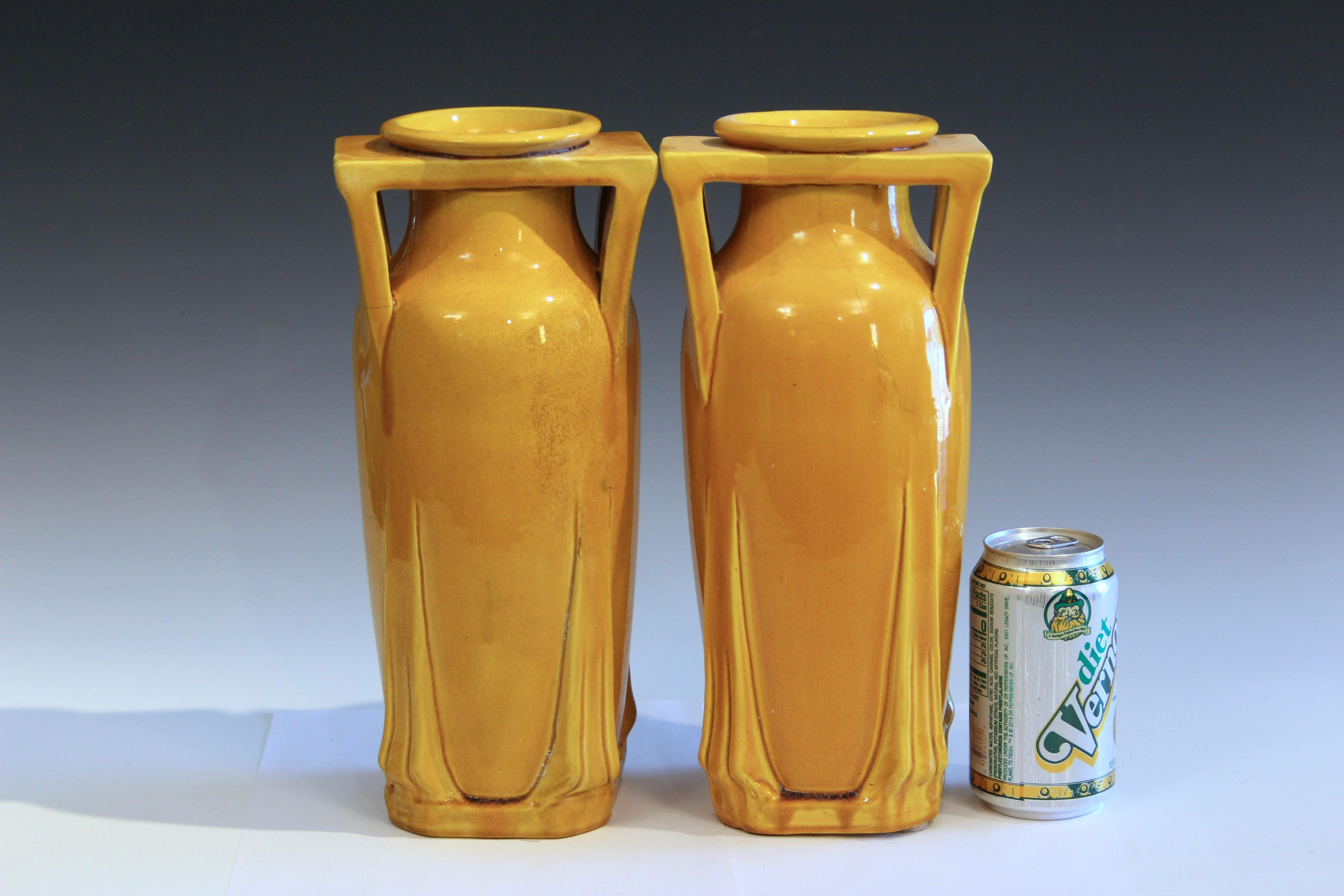 Pair Antique Awaji Pottery Arts & Crafts Yellow Buttress Architectural Vases For Sale 4