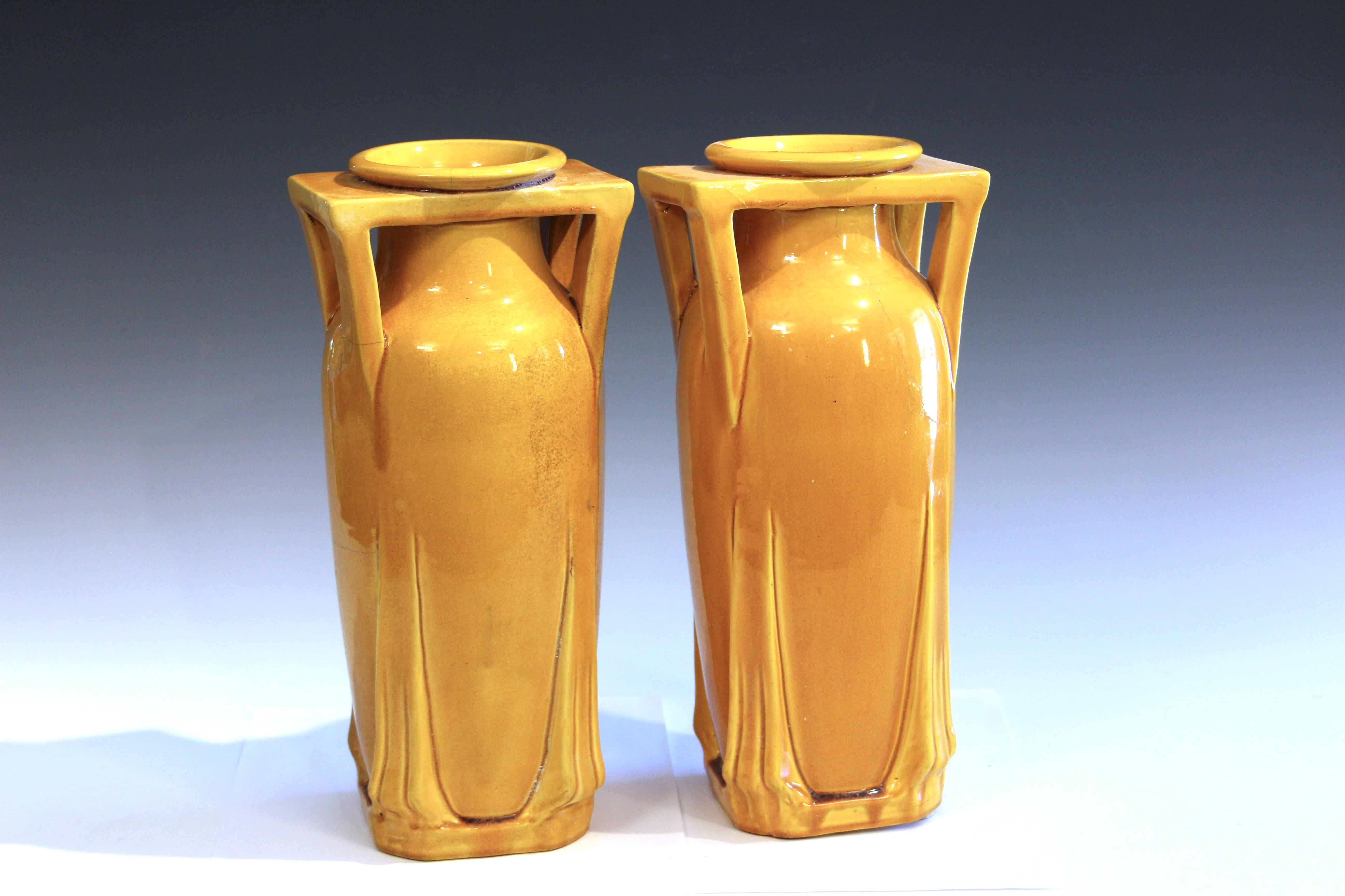 Art Deco Pair Antique Awaji Pottery Arts & Crafts Yellow Buttress Architectural Vases For Sale