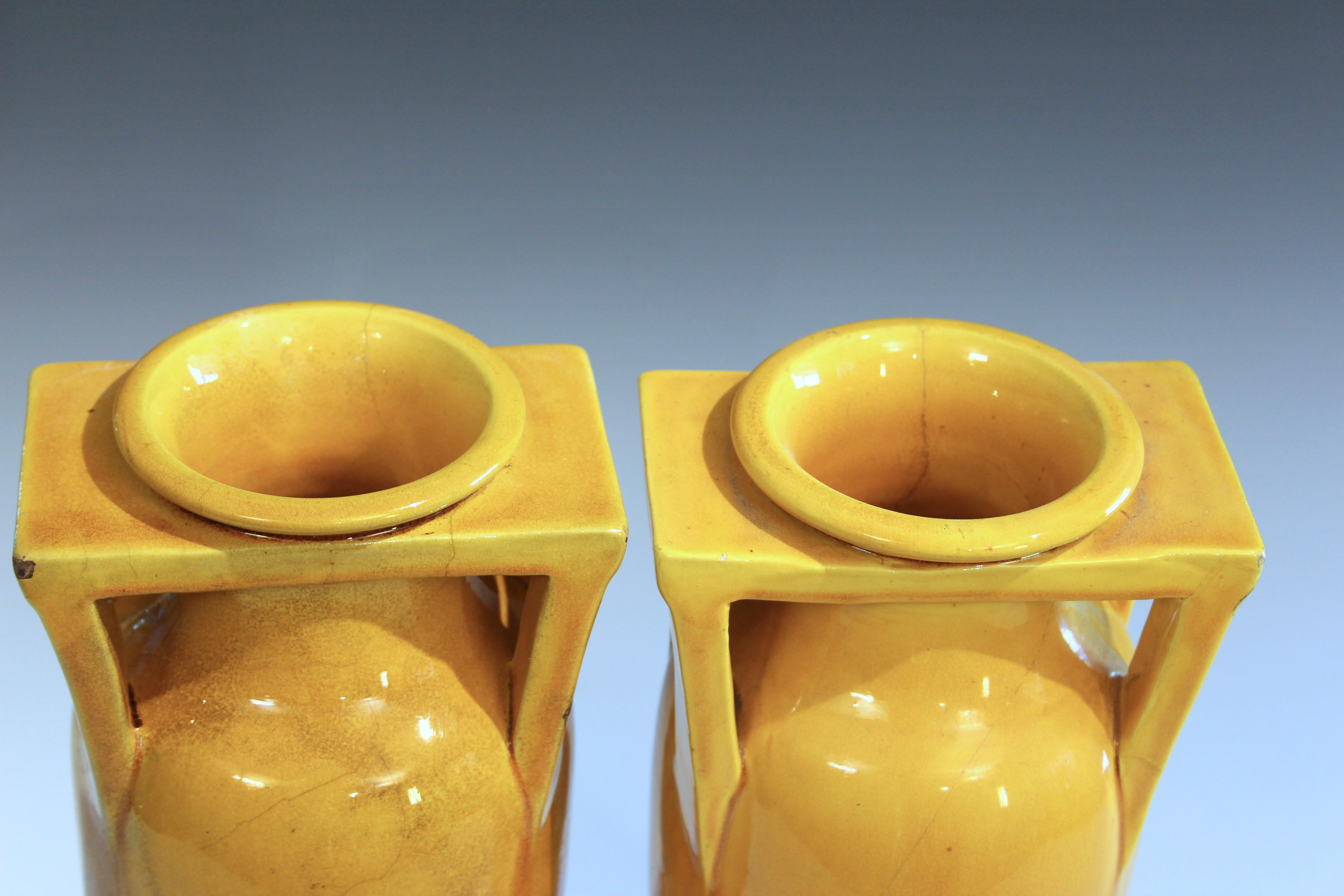 Early 20th Century Pair Antique Awaji Pottery Arts & Crafts Yellow Buttress Architectural Vases For Sale