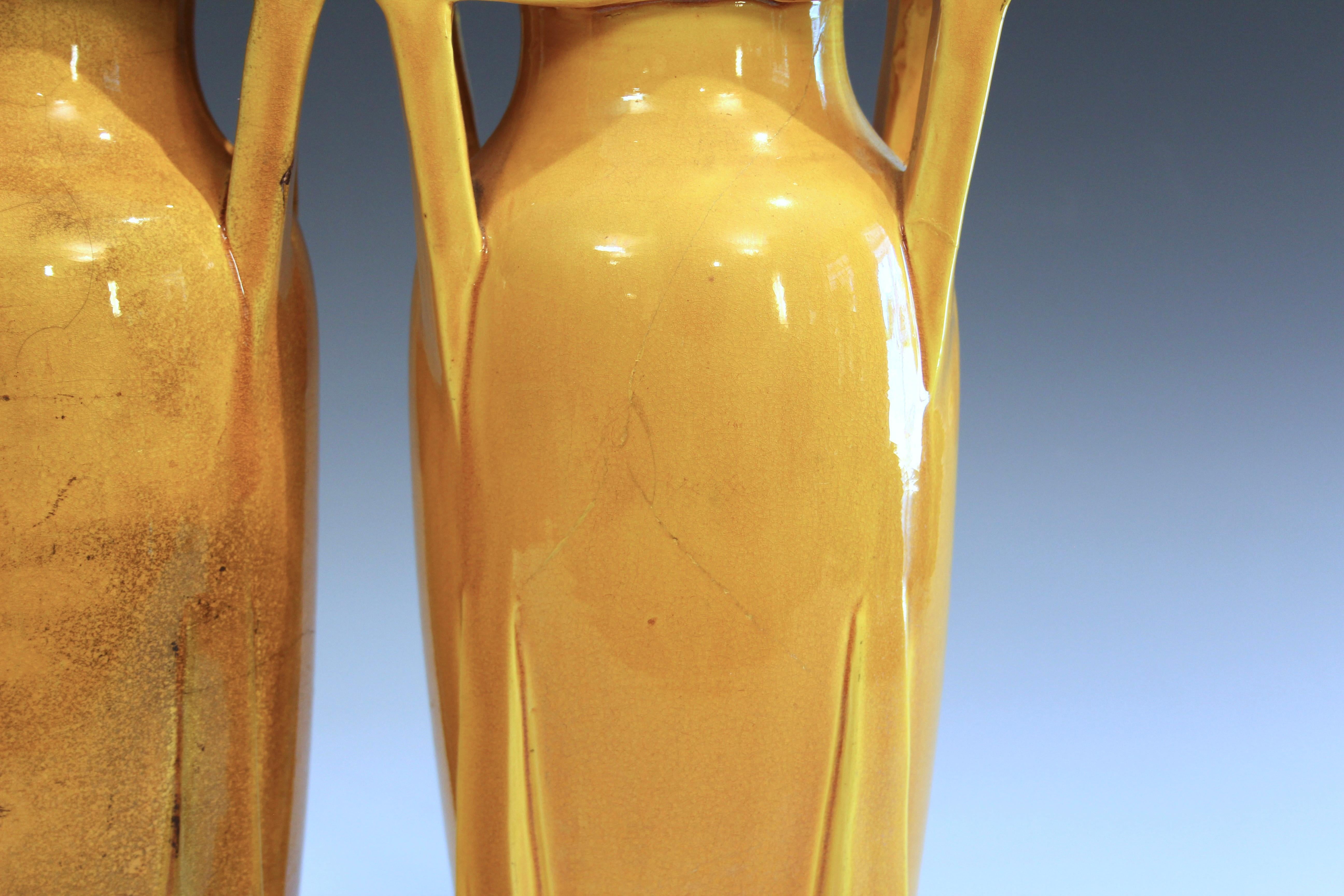 Pair Antique Awaji Pottery Arts & Crafts Yellow Buttress Architectural Vases For Sale 1