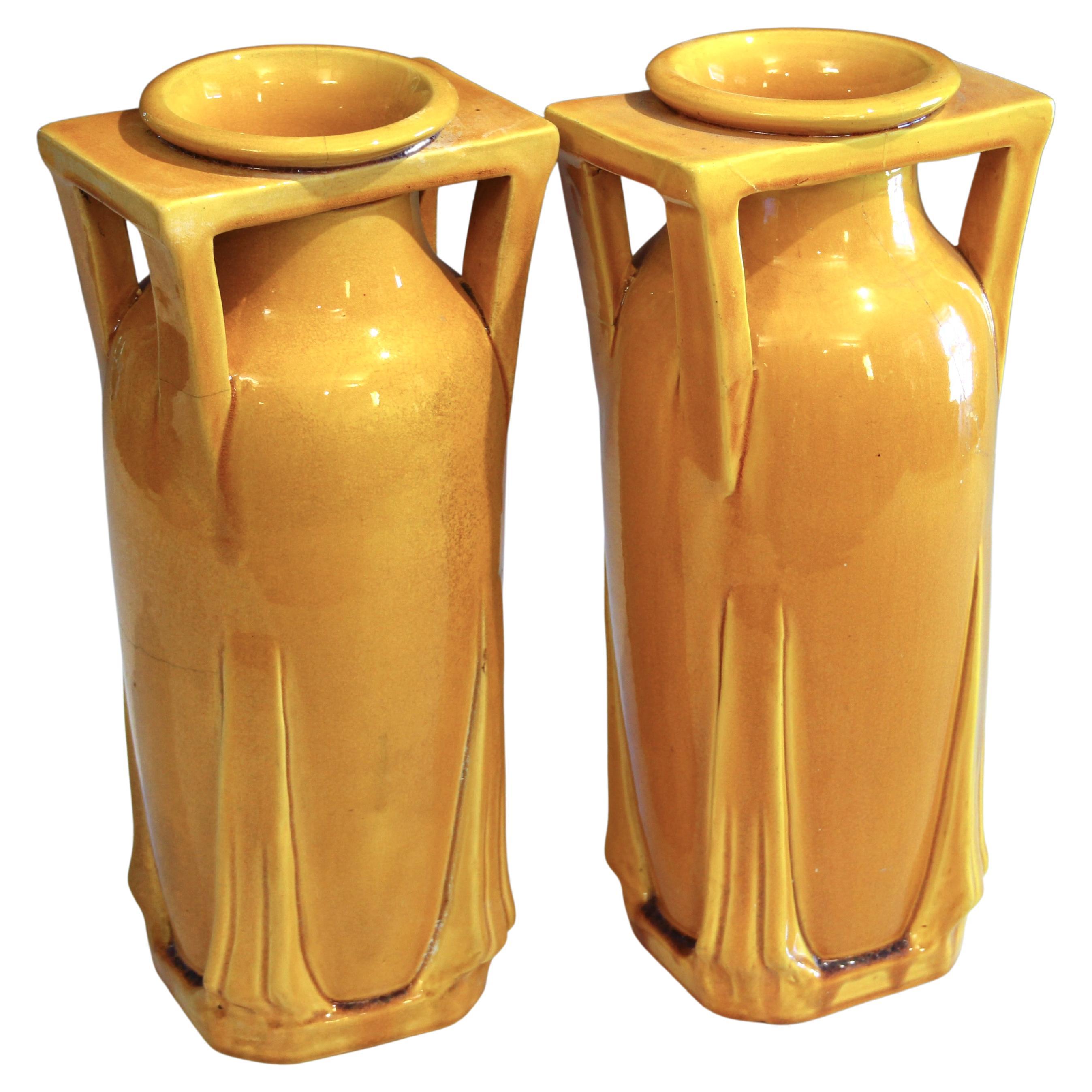 Pair Antique Awaji Pottery Arts & Crafts Yellow Buttress Architectural Vases For Sale