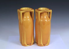 Pair Antique Awaji Pottery Golden Yellow Art Deco Buttress Handle Vases