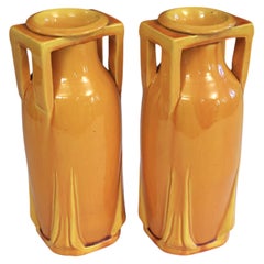Pair Antique Awaji Pottery Golden Yellow Art Deco Buttress Handle Vases