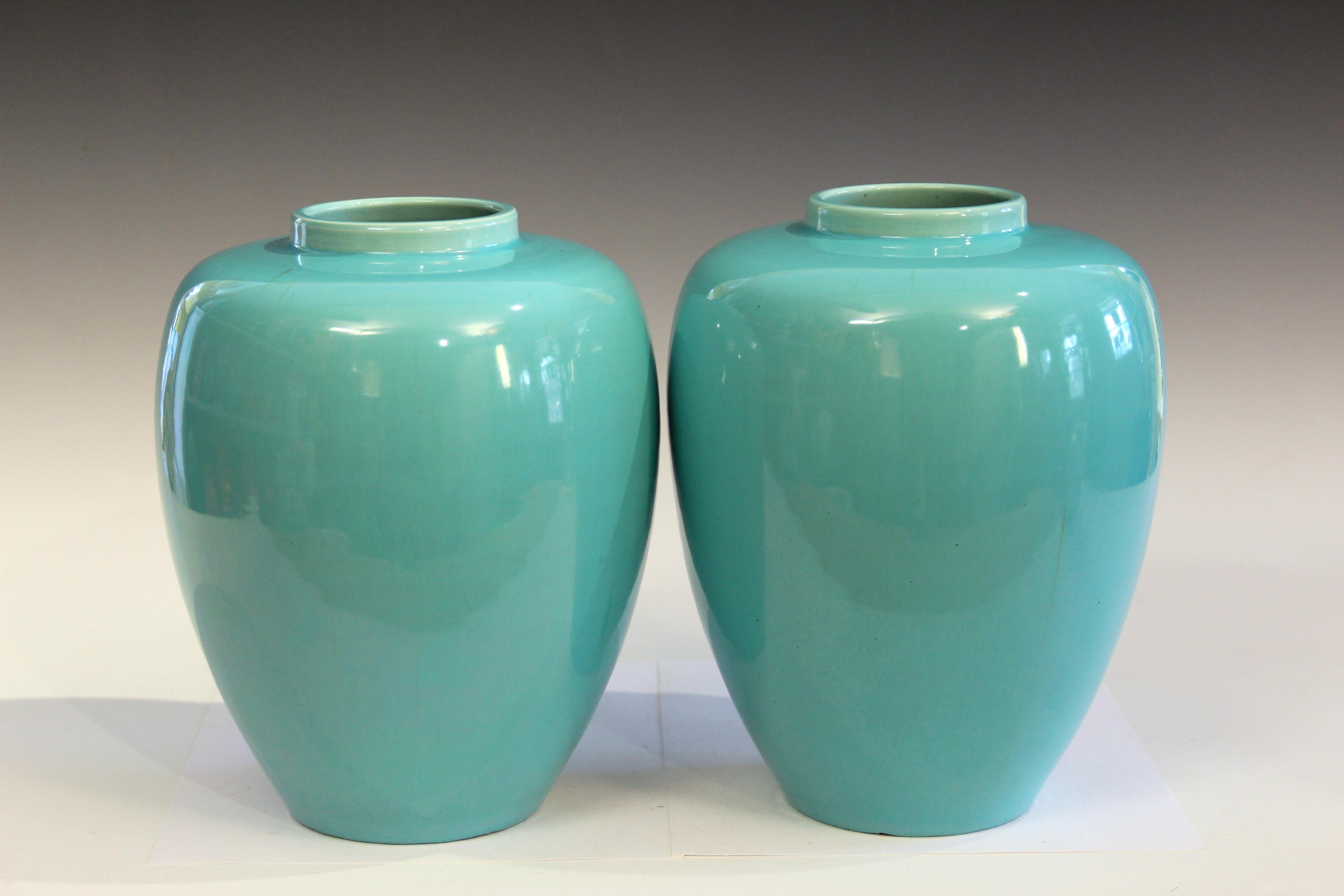 Pair antique hand turned Awaji Pottery ginger jars in fantastic turquoise monochrome glaze, circa 1920's. 10