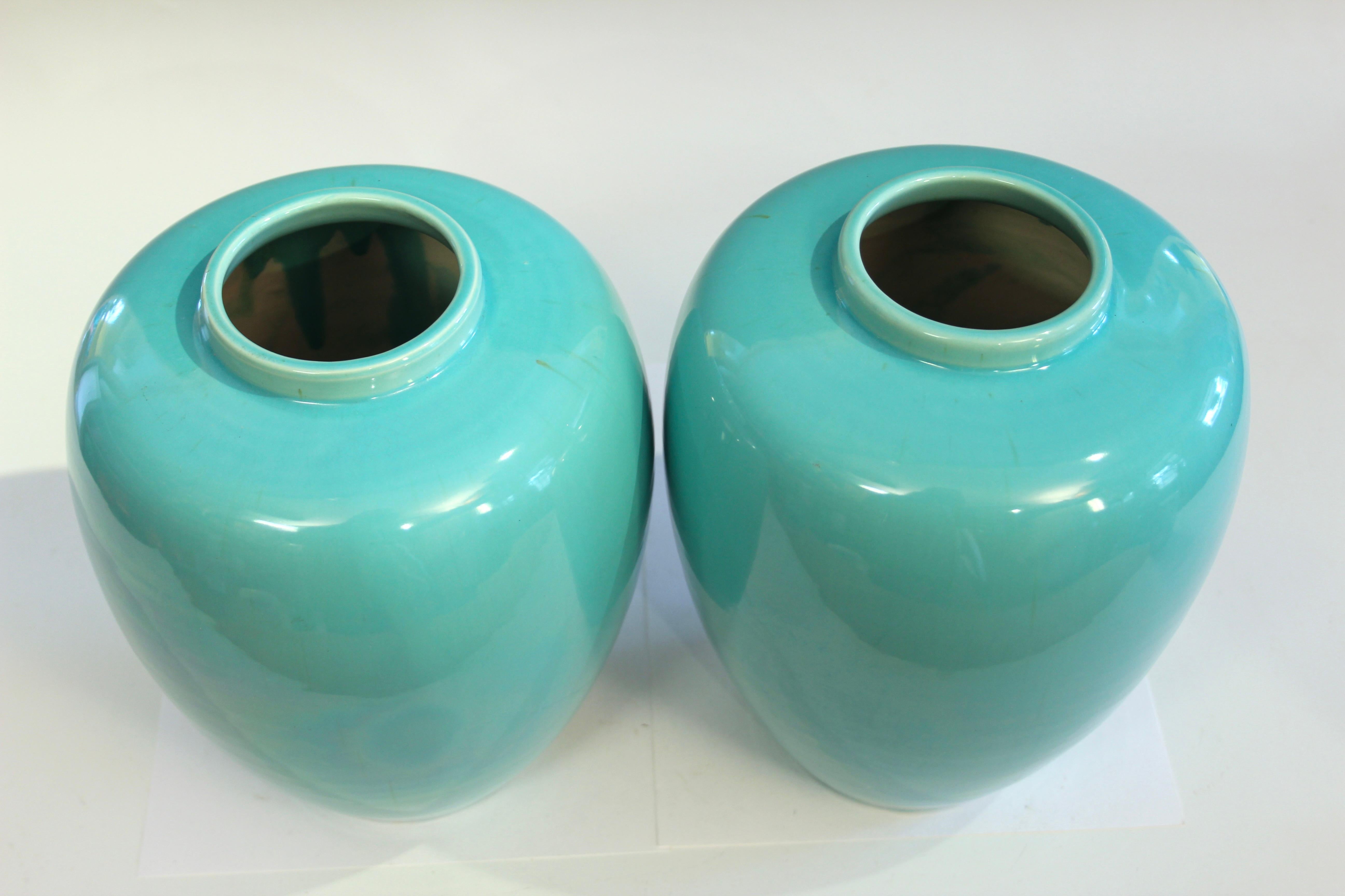 Japanese Pair Antique Awaji Pottery Turquoise Ginger Jars For Sale