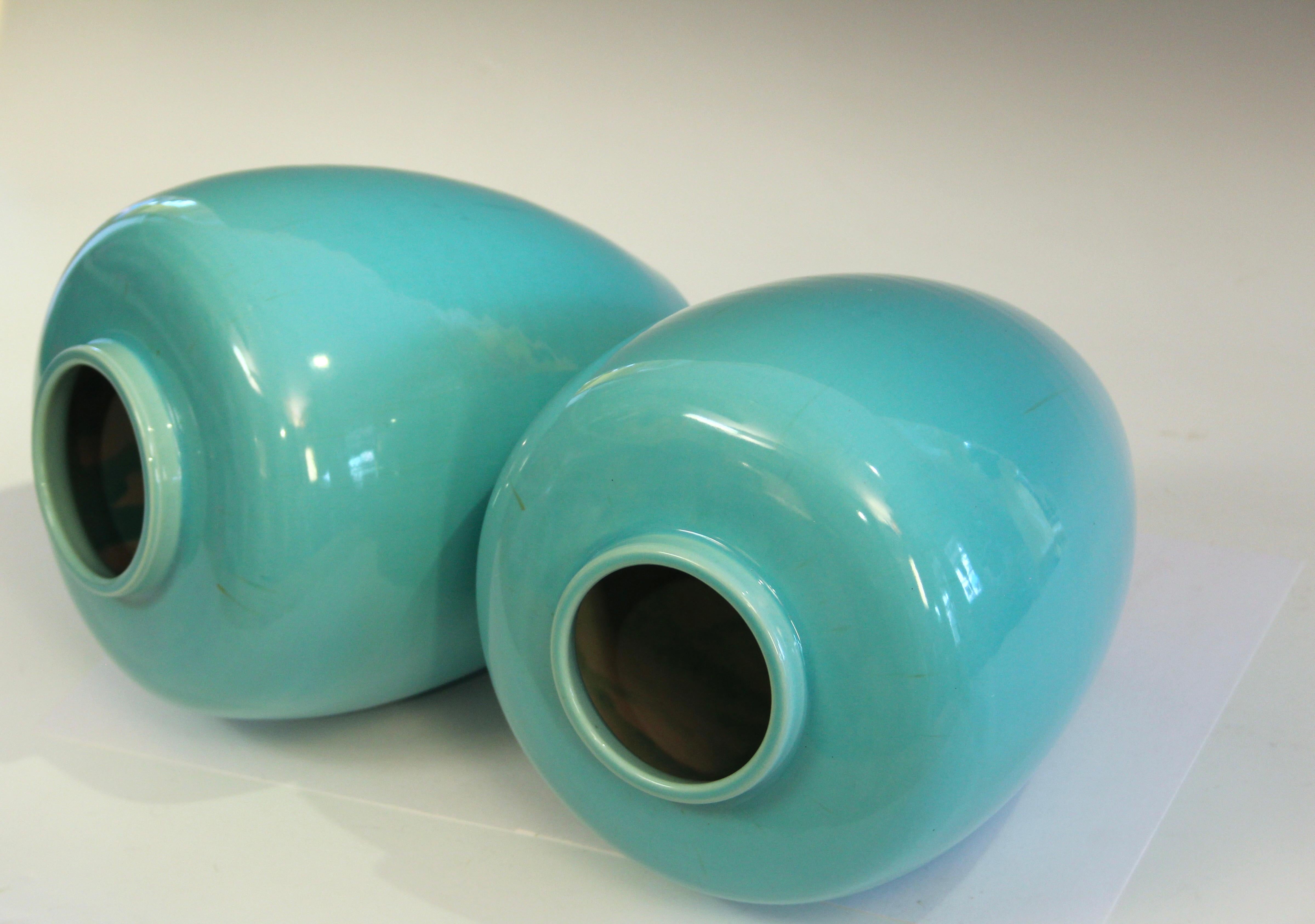 Turned Pair Antique Awaji Pottery Turquoise Ginger Jars For Sale