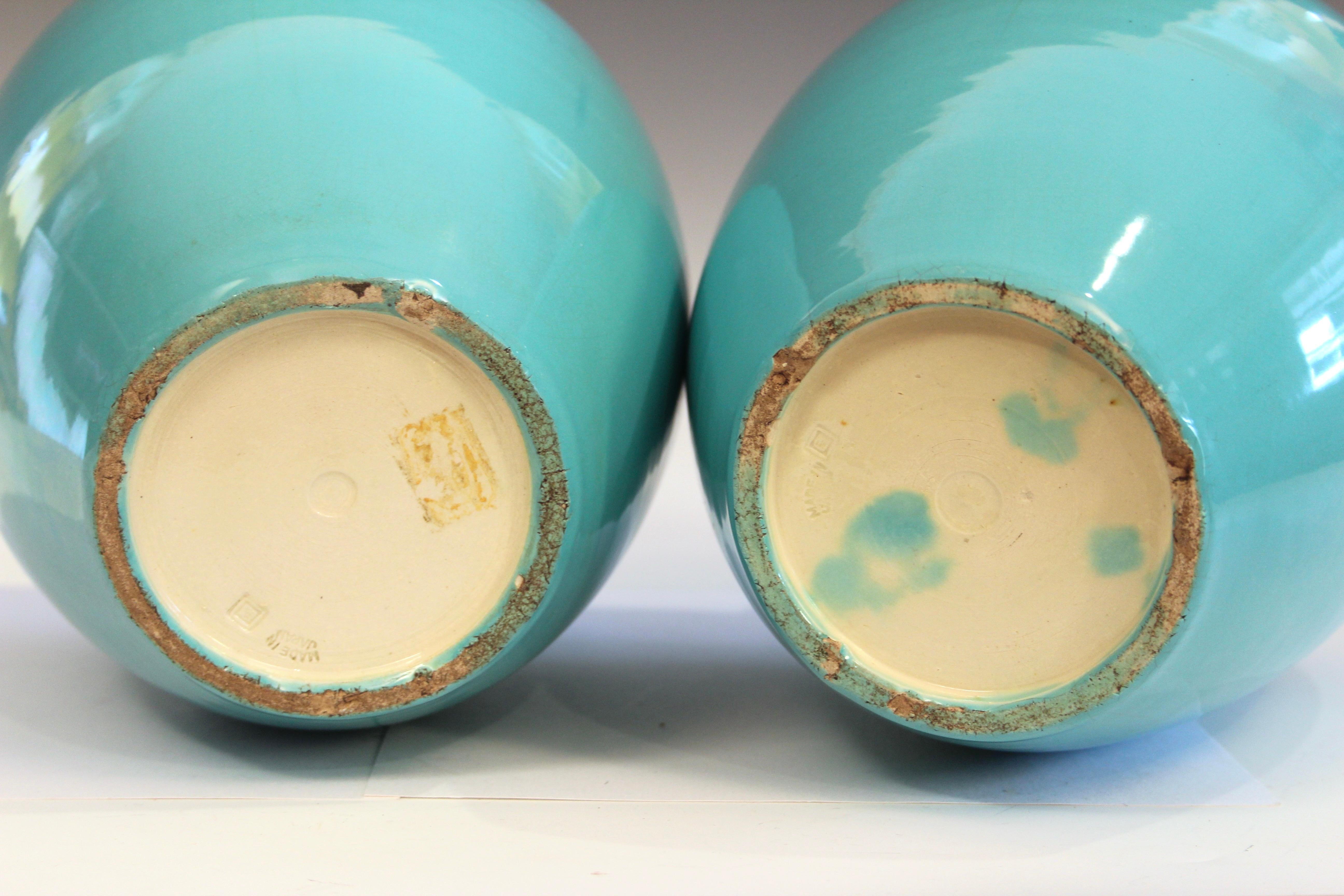 Early 20th Century Pair Antique Awaji Pottery Turquoise Ginger Jars For Sale