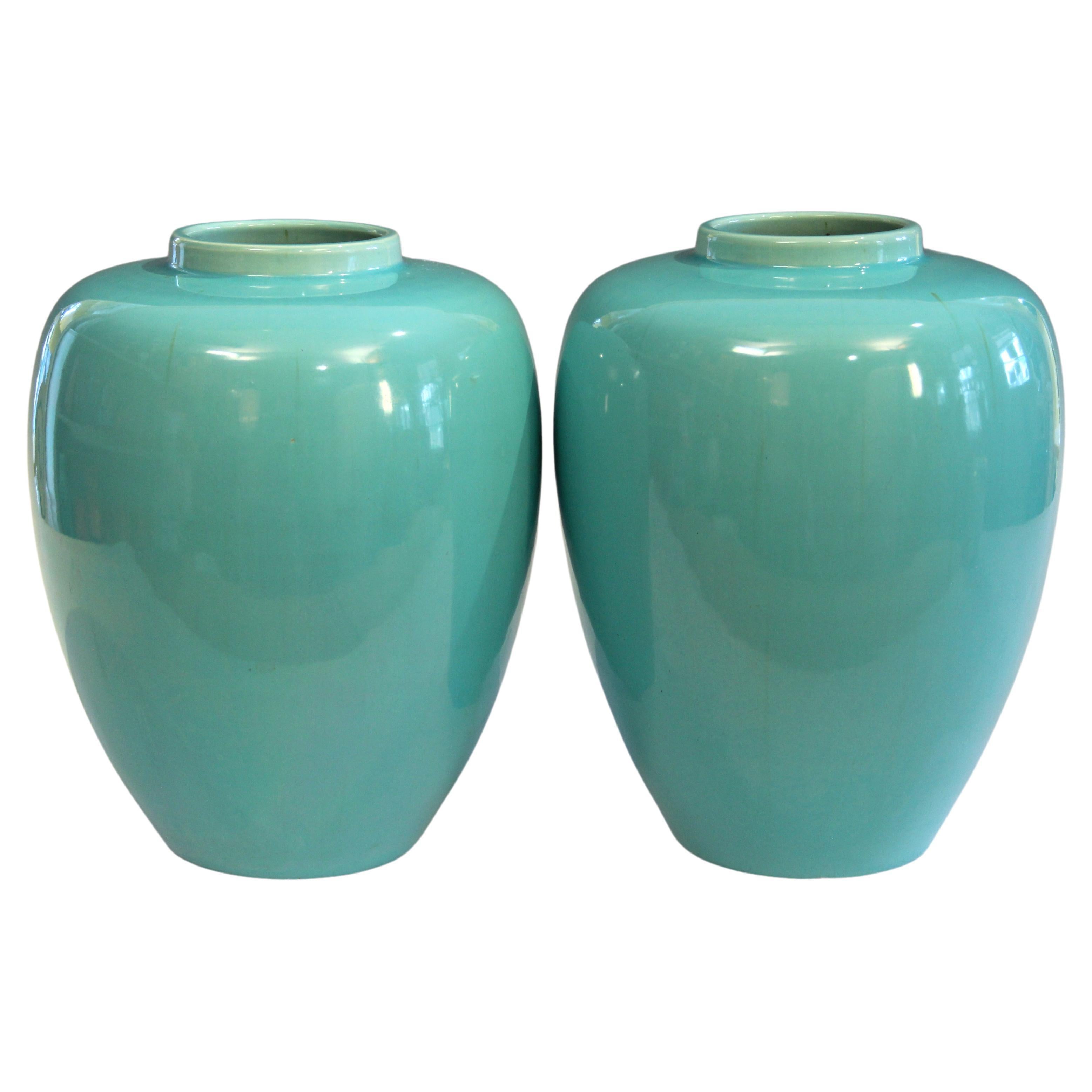 Pair Antique Awaji Pottery Turquoise Ginger Jars