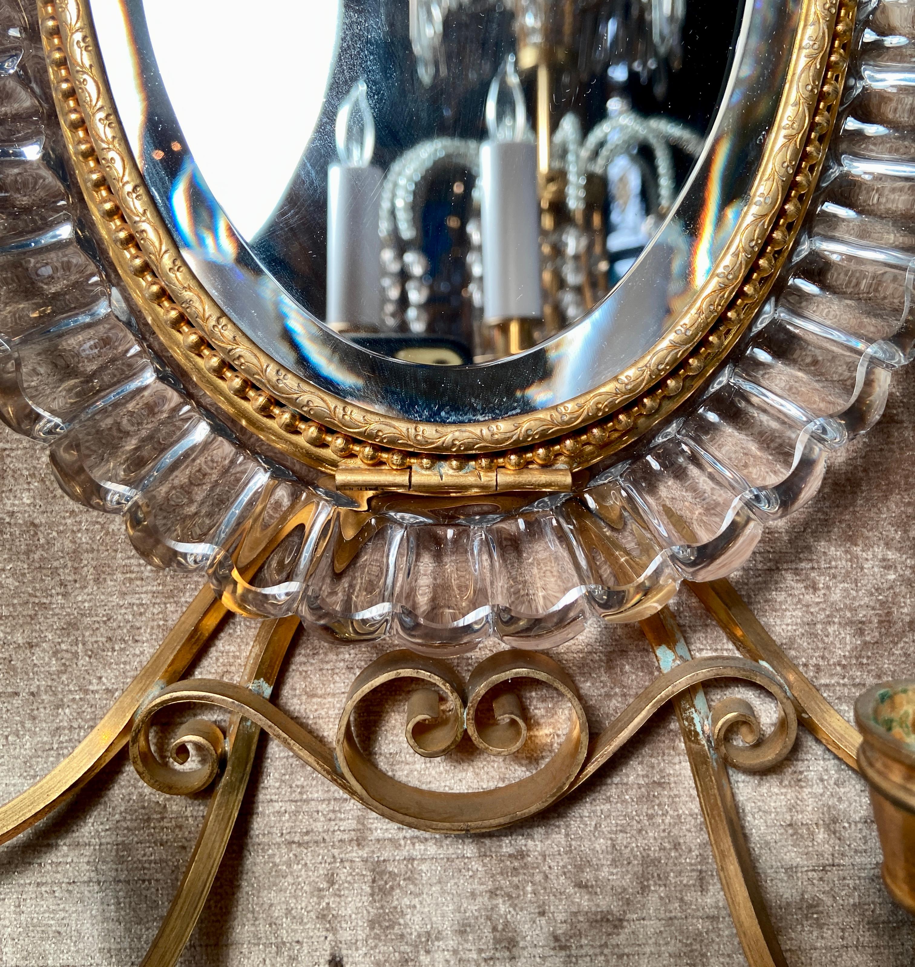 Pair Antique Baccarat Crystal, Gold Bronze & Adjustable Mirror Sconces Ca. 1910s In Good Condition For Sale In New Orleans, LA