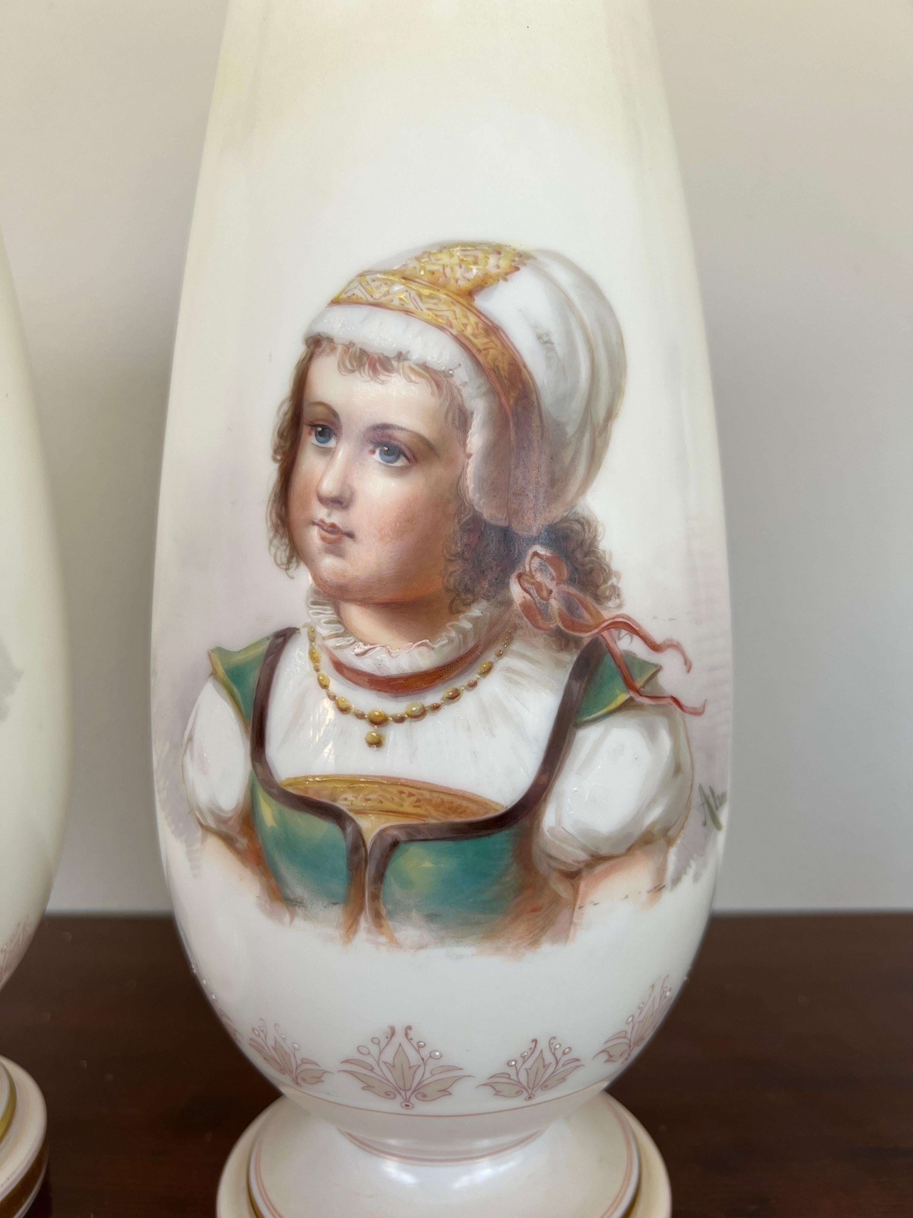 Art Nouveau Pair, Antique Baccarat School Opaline Portrait Vases Hand Painted by Josef Ahne For Sale