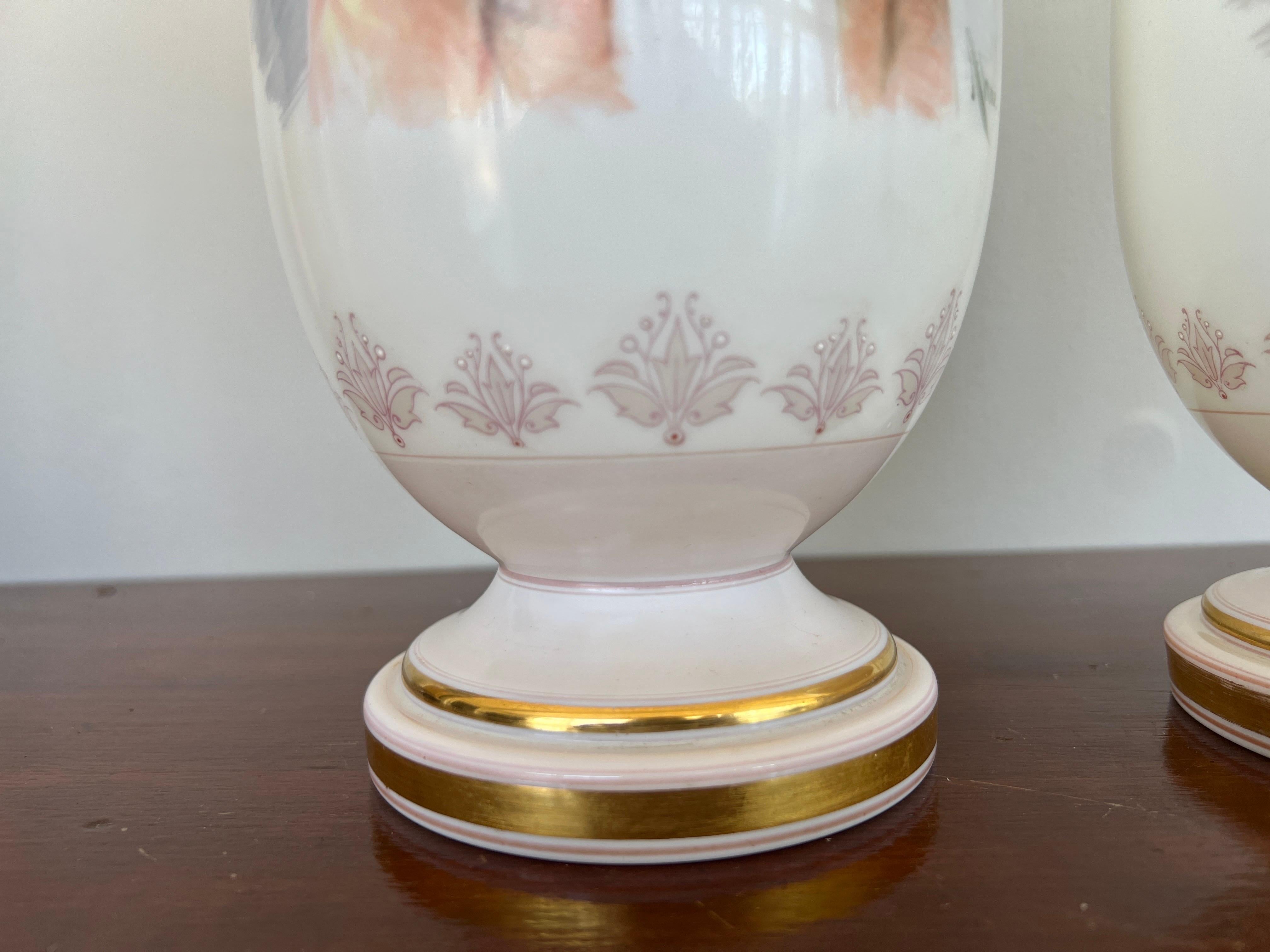 Pair, Antique Baccarat School Opaline Portrait Vases Hand Painted by Josef Ahne In Good Condition For Sale In Atlanta, GA