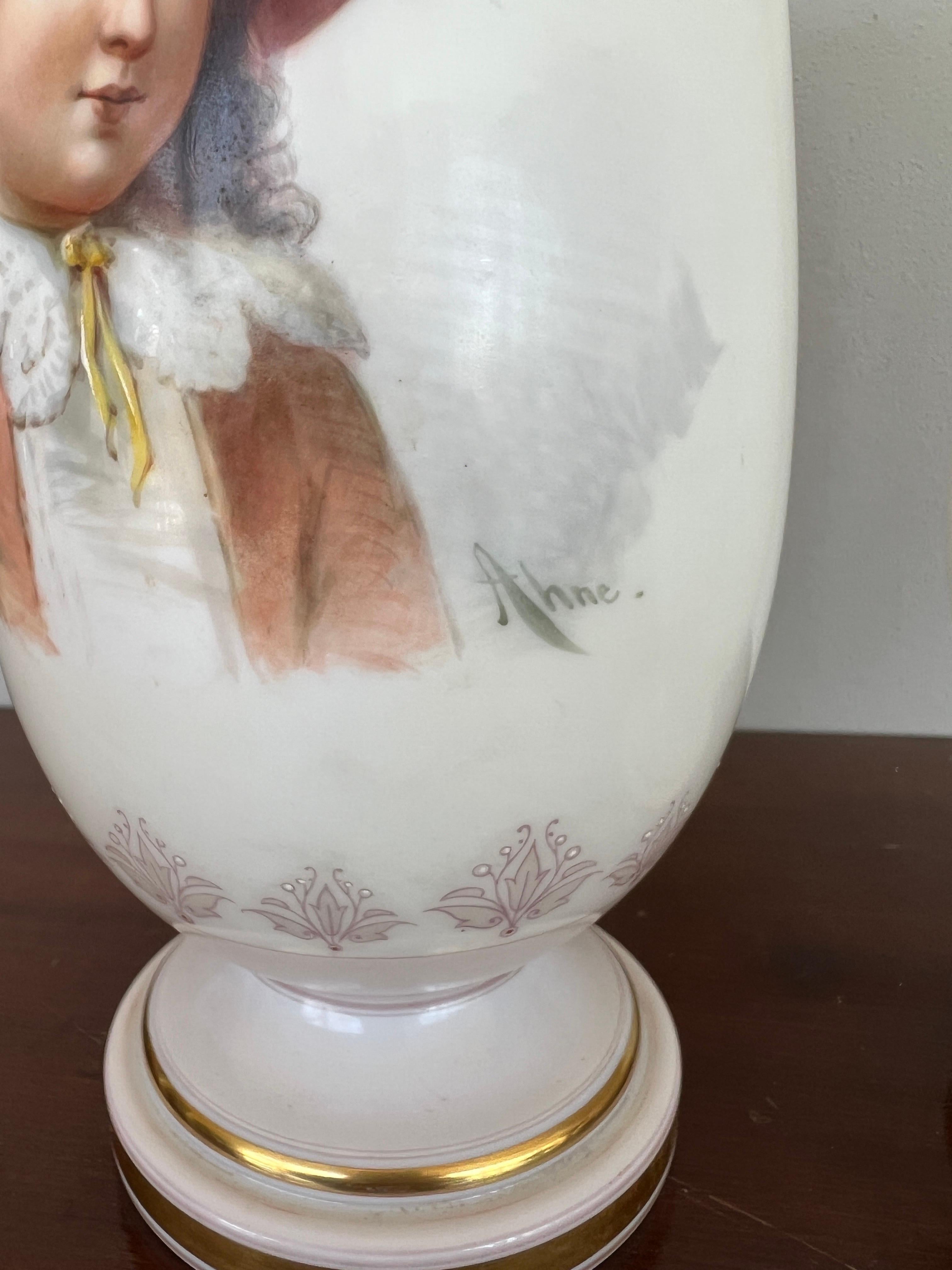 Art Glass Pair, Antique Baccarat School Opaline Portrait Vases Hand Painted by Josef Ahne For Sale