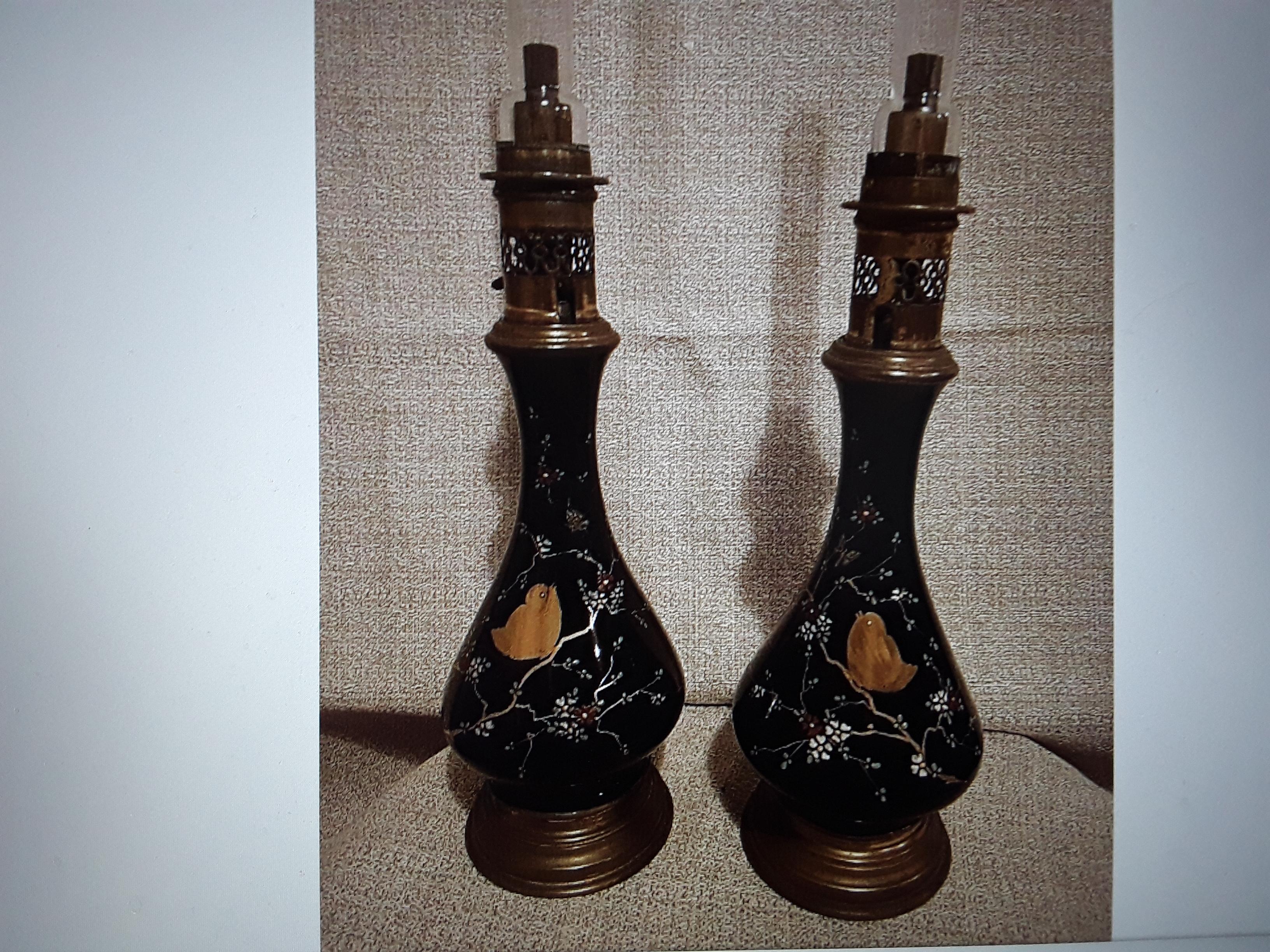Pair Antique Baltic Black Opaline Art Glass with Birds / Feullage Oil Lamps For Sale 5