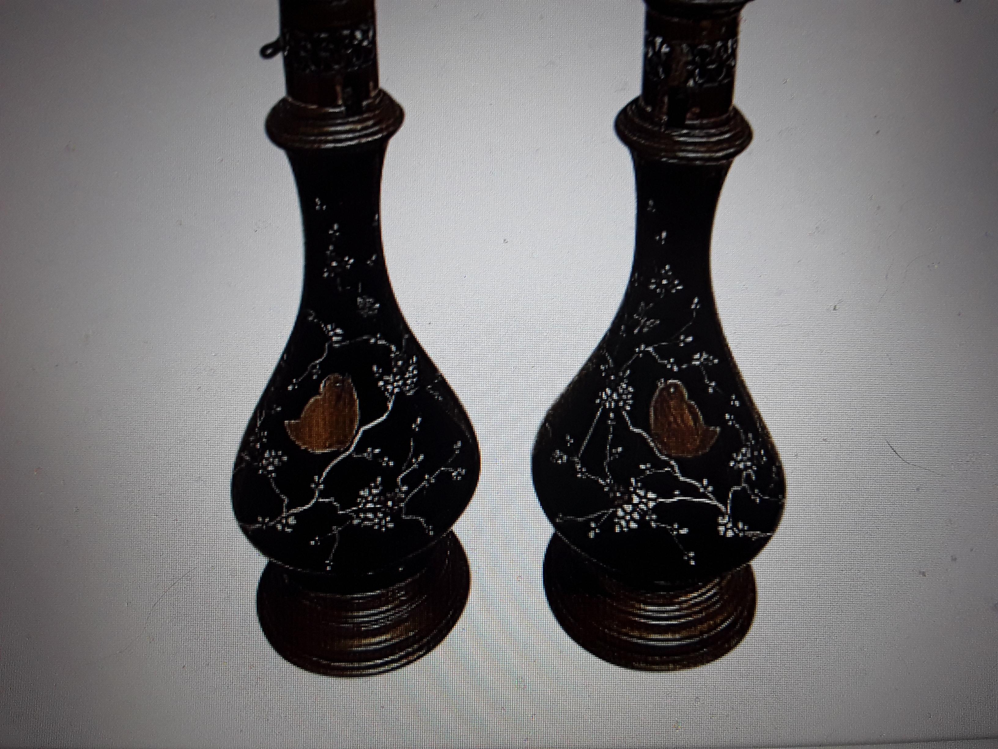 Pair Antique Baltic Black Opaline Art Glass with Birds / Feullage Oil Lamps For Sale 6