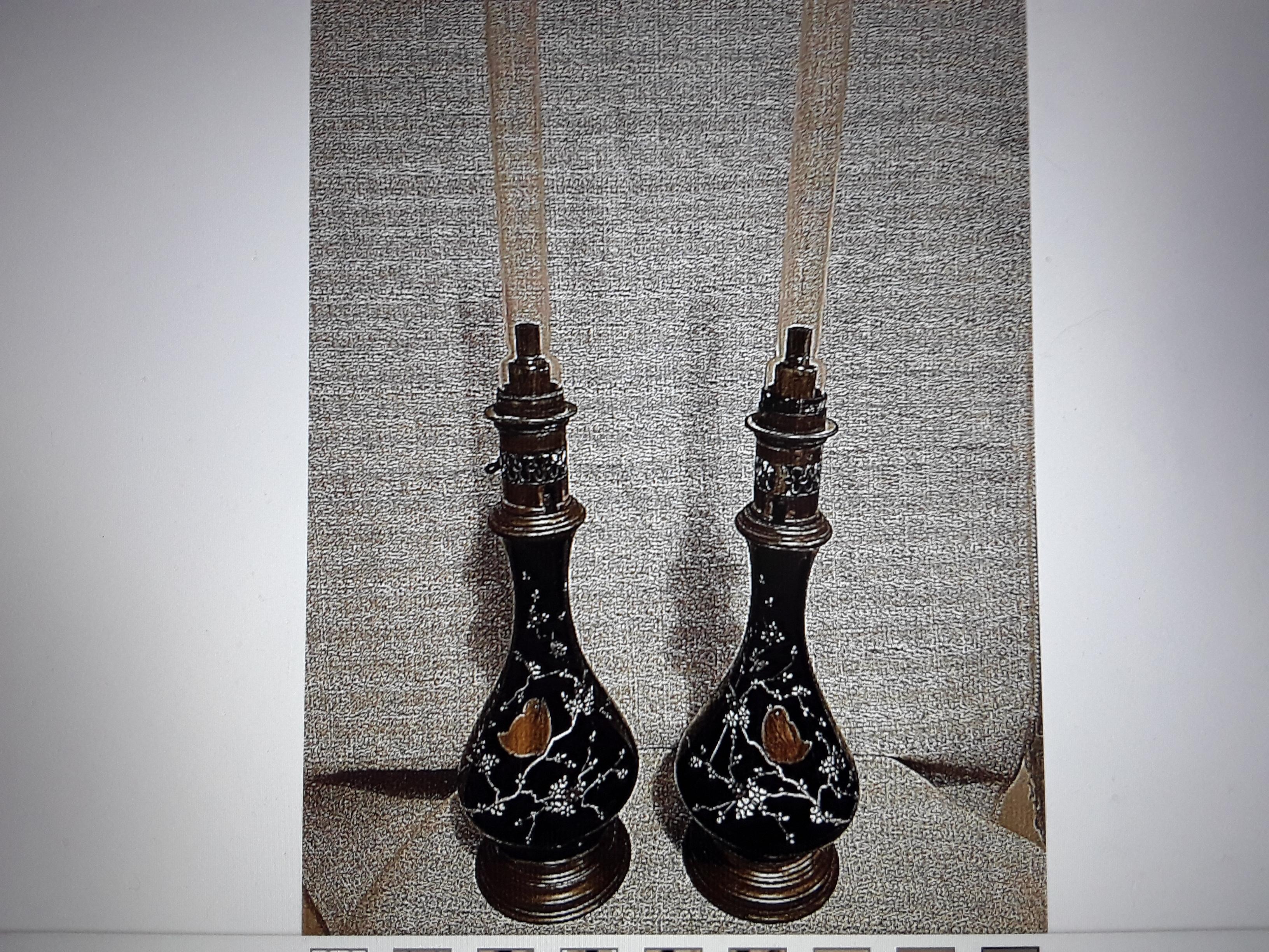 French Pair Antique Baltic Black Opaline Art Glass with Birds / Feullage Oil Lamps For Sale