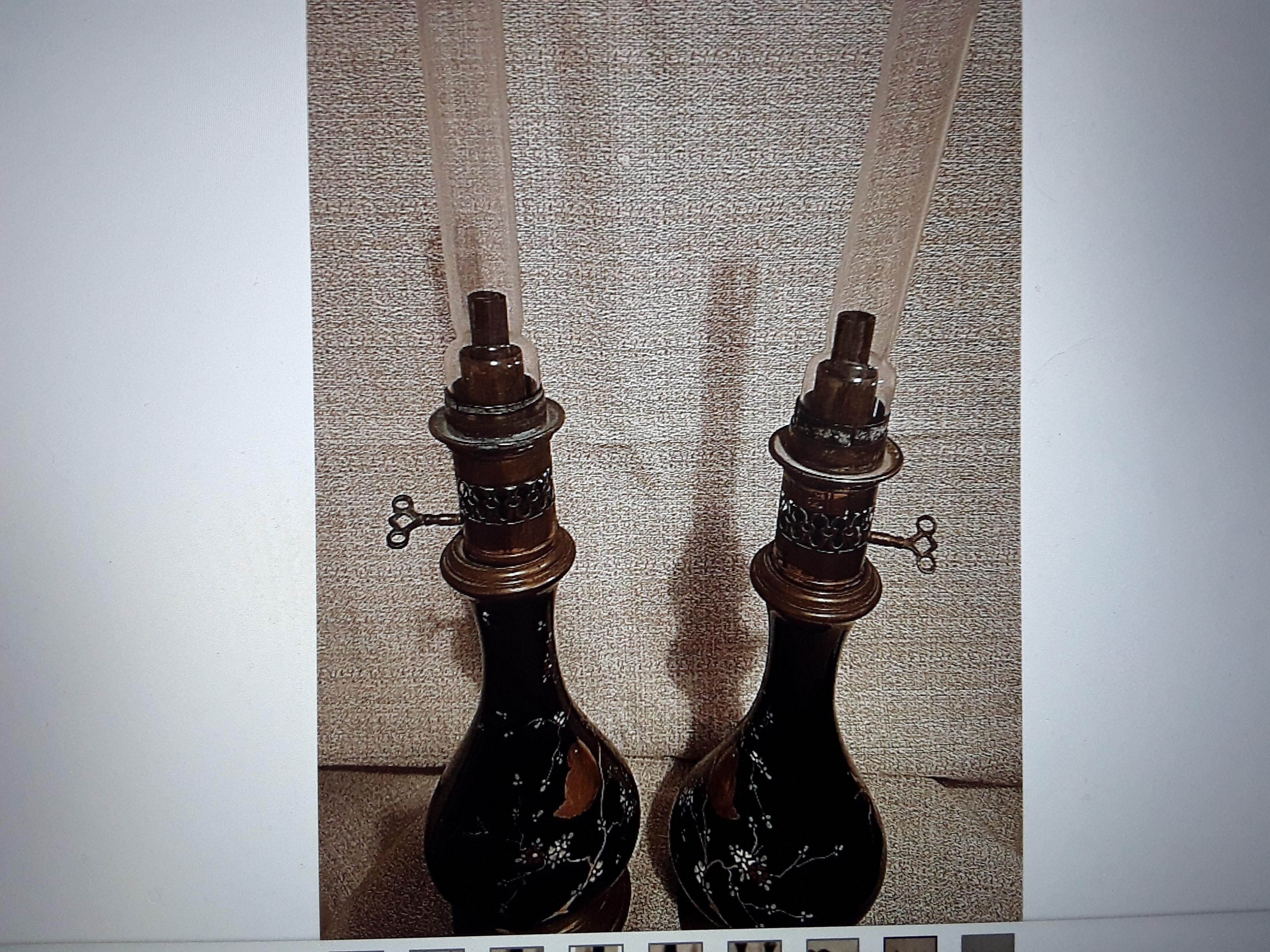 Pair Antique Baltic Black Opaline Art Glass with Birds / Feullage Oil Lamps In Good Condition For Sale In Opa Locka, FL