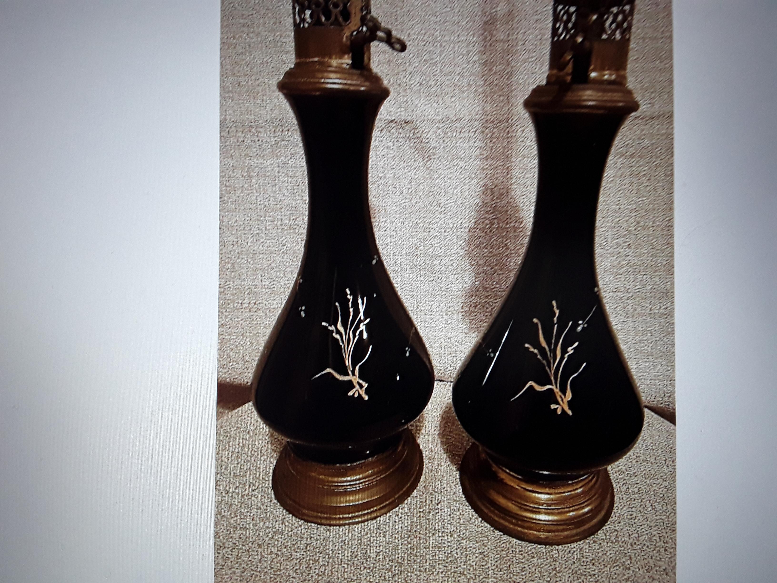 Pair Antique Baltic Black Opaline Art Glass with Birds / Feullage Oil Lamps For Sale 1