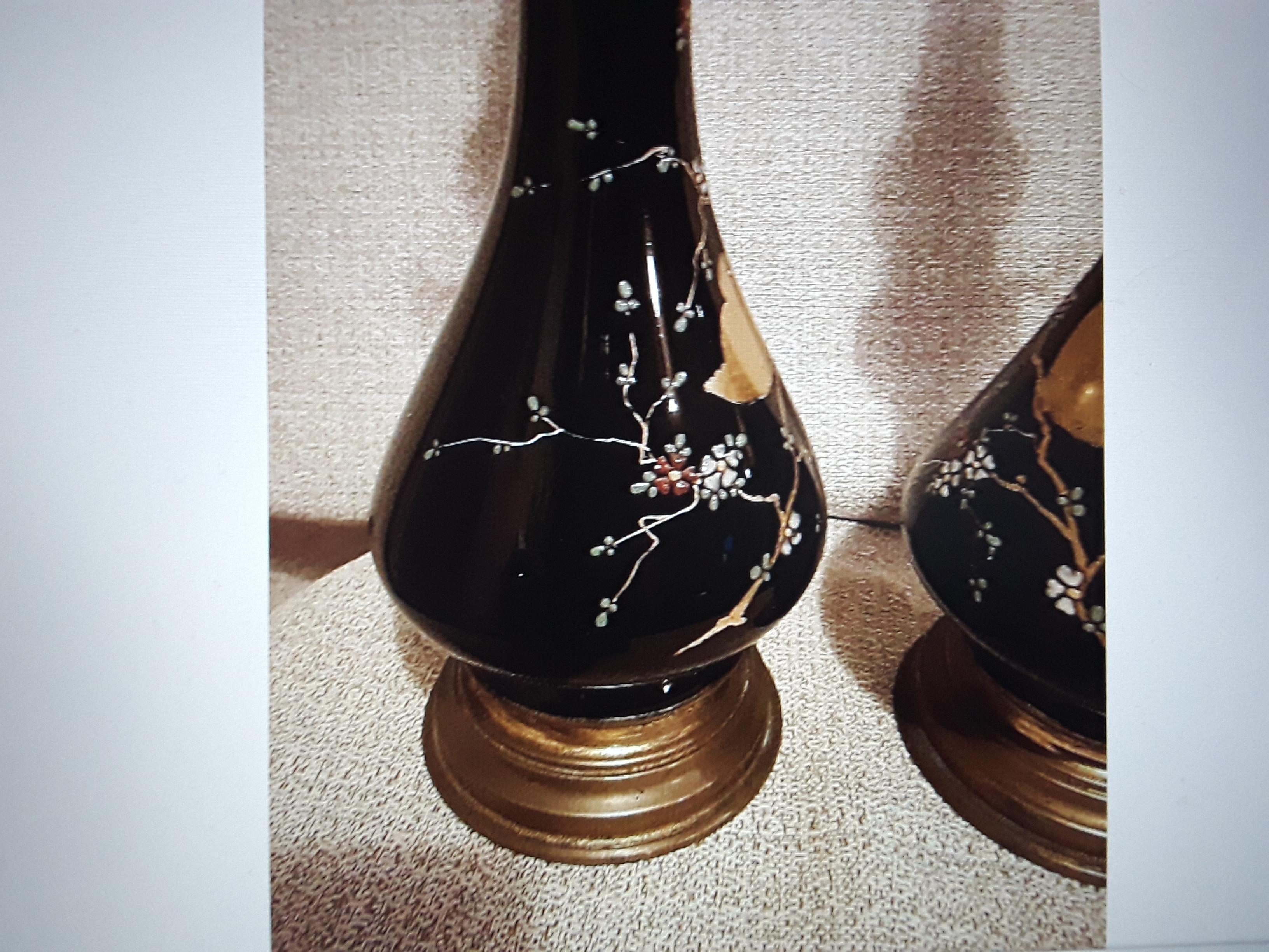 Pair Antique Baltic Black Opaline Art Glass with Birds / Feullage Oil Lamps For Sale 2