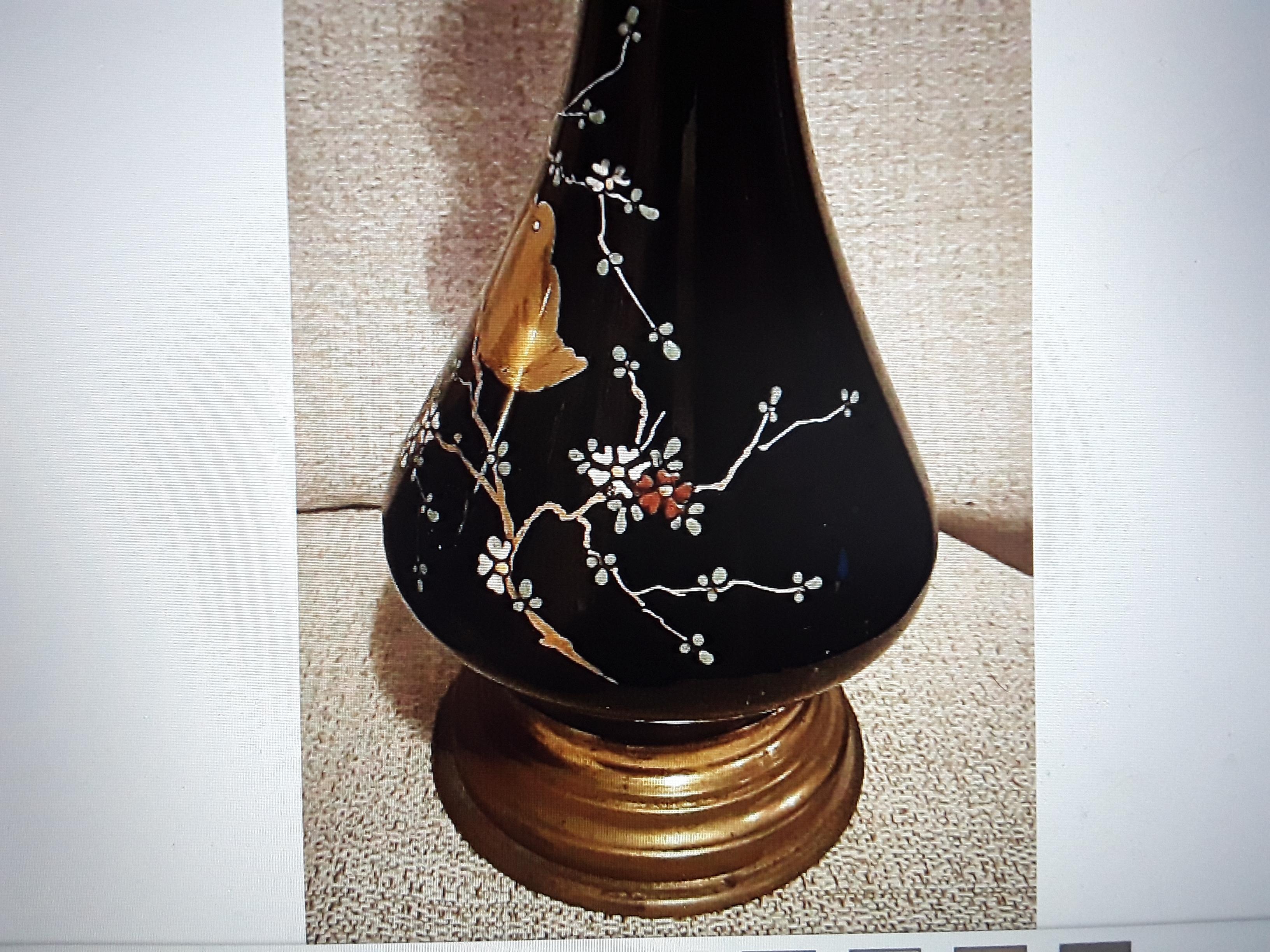 Pair Antique Baltic Black Opaline Art Glass with Birds / Feullage Oil Lamps For Sale 3