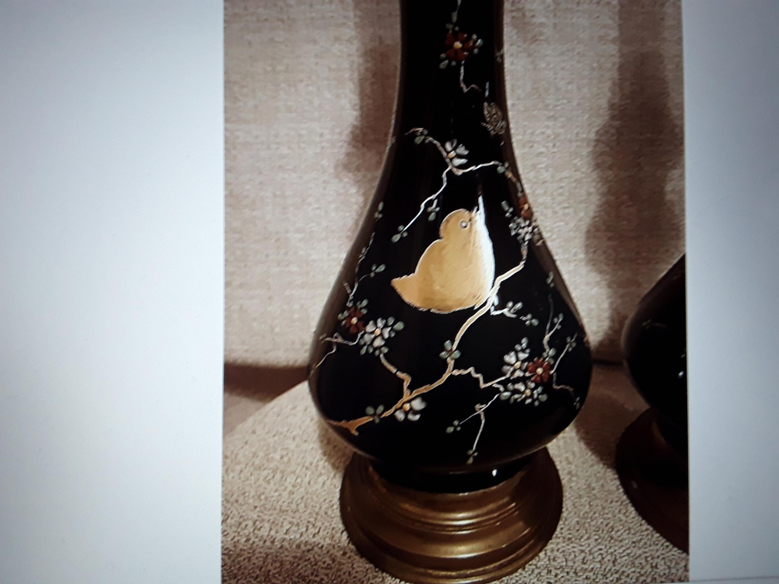 Pair Antique Baltic Black Opaline Art Glass with Birds / Feullage Oil Lamps For Sale 4