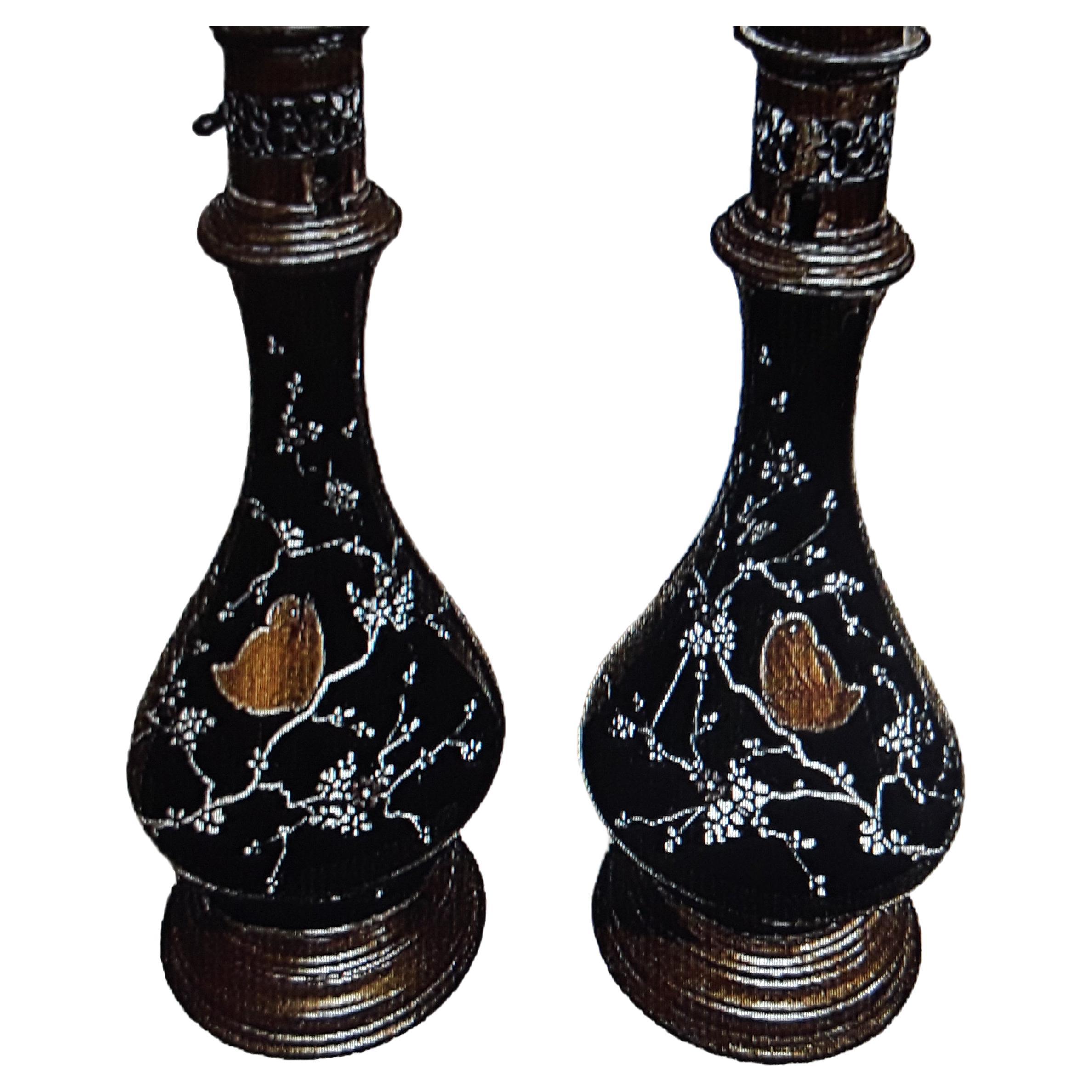 Pair Antique Baltic Black Opaline Art Glass with Birds / Feullage Oil Lamps For Sale