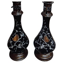 Pair Antique Baltic Black Opaline Art Glass with Birds / Feullage Oil Lamps