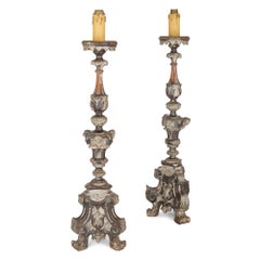 Pair Antique Baroque Revival Silvered Wood Floor Lamps Late 18th Century