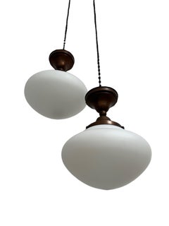 Pair Antique Bauhaus Kandem Opaline Flush Mounted Ceiling Pendants Lights Lamps