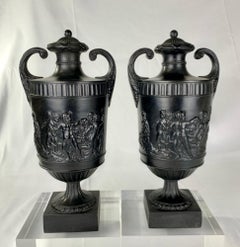 Pair Antique Wedgwood Black Basalt Vases England Late 18th Century Circa 1775