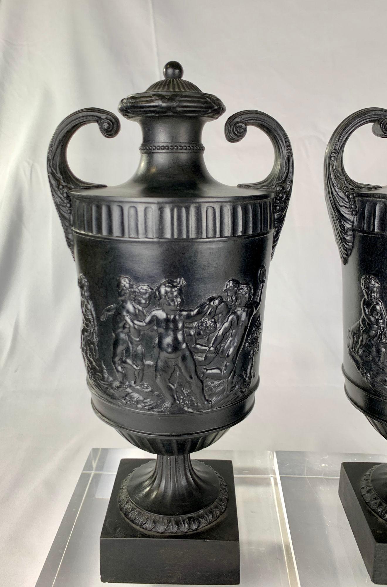 Neoclassical Pair Antique Wedgwood Black Basalt Vases England Late 18th Century Circa 1775 For Sale