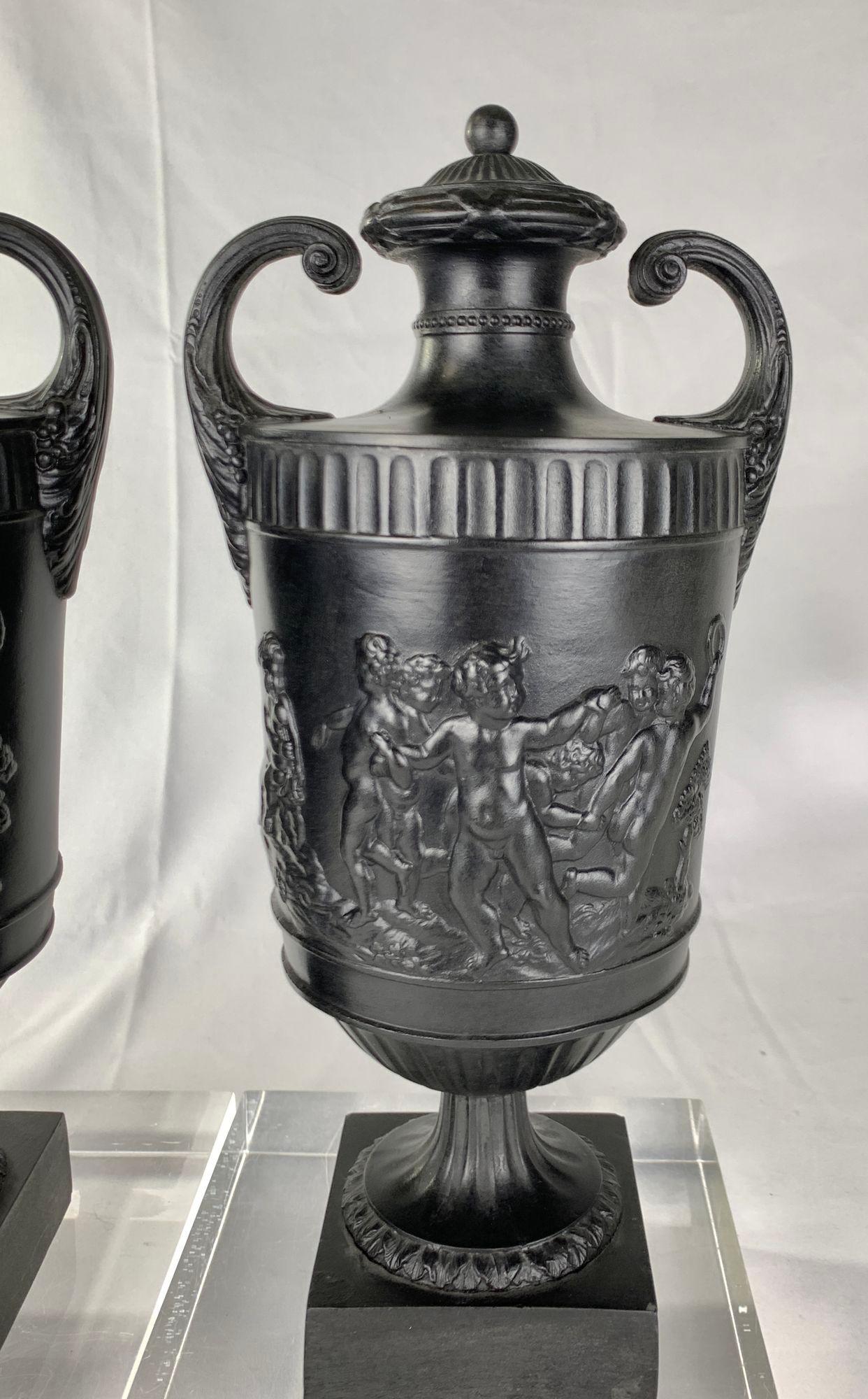 English Pair Antique Wedgwood Black Basalt Vases England Late 18th Century Circa 1775 For Sale