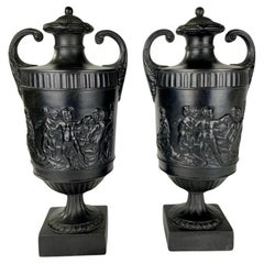 Pair Antique Wedgwood Black Basalt Vases England Late 18th Century Circa 1775
