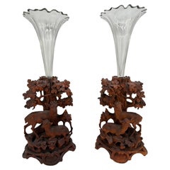 Pair, Antique Black Forest Carved Deer & Foliate Motif Vases or Epergnes