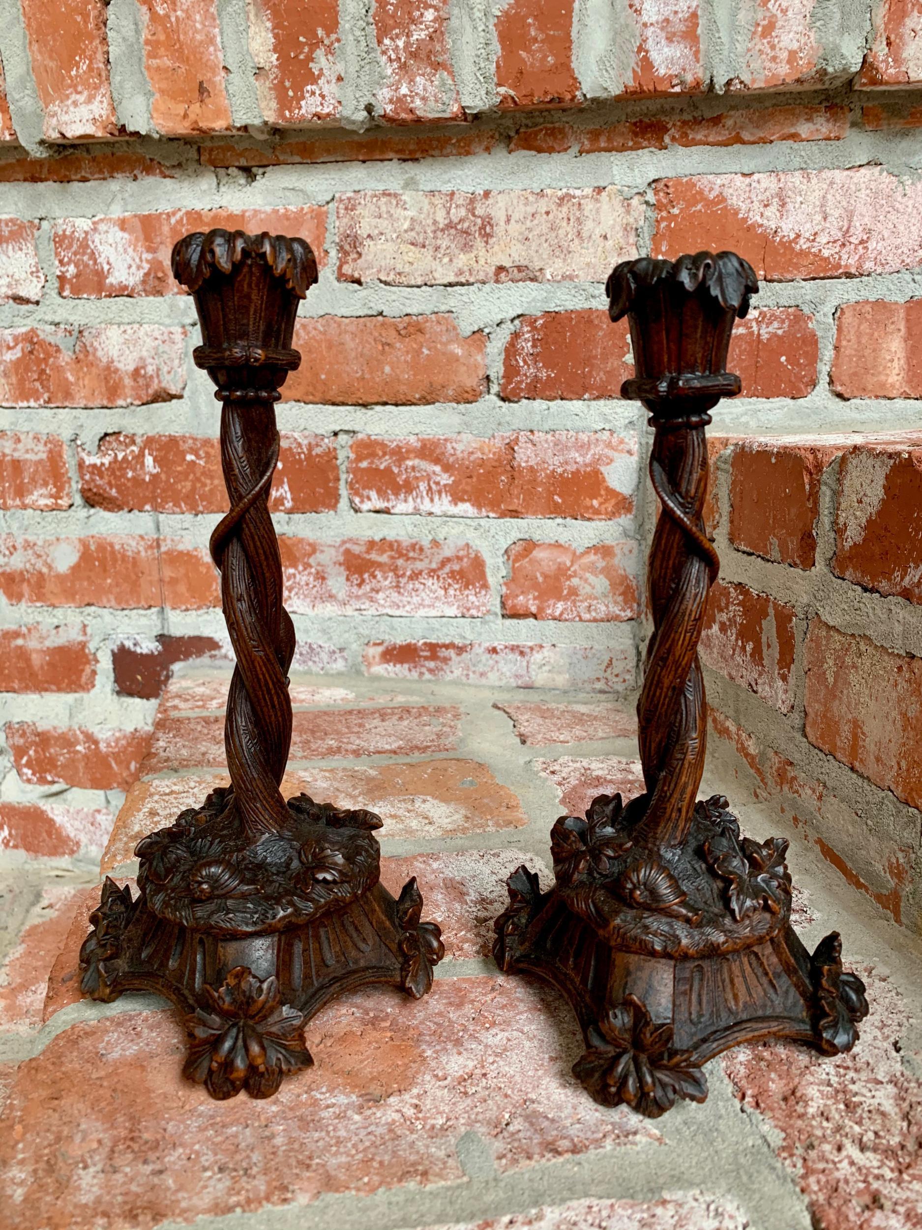 Antique Black Forest Carved Wood Candlesticks Candleholder Lizard Insects, Pair 7