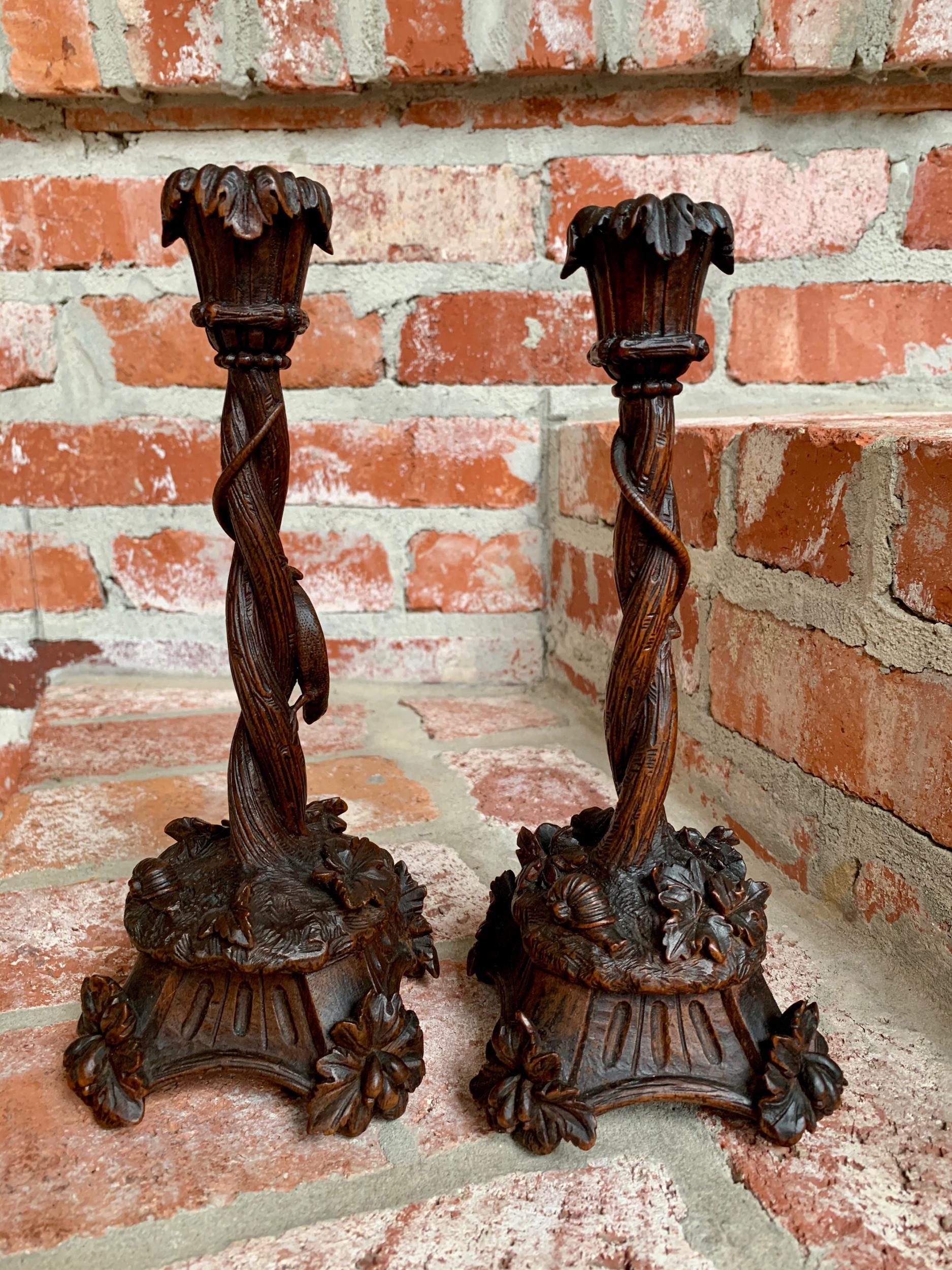 Pair of antique Black Forest carved wood candlesticks candleholder lizard insects

~ Direct from Europe
~ Note: This is one of several outstanding antique Black Forest pieces we acquired directly from a dealer in France that liquidated their
