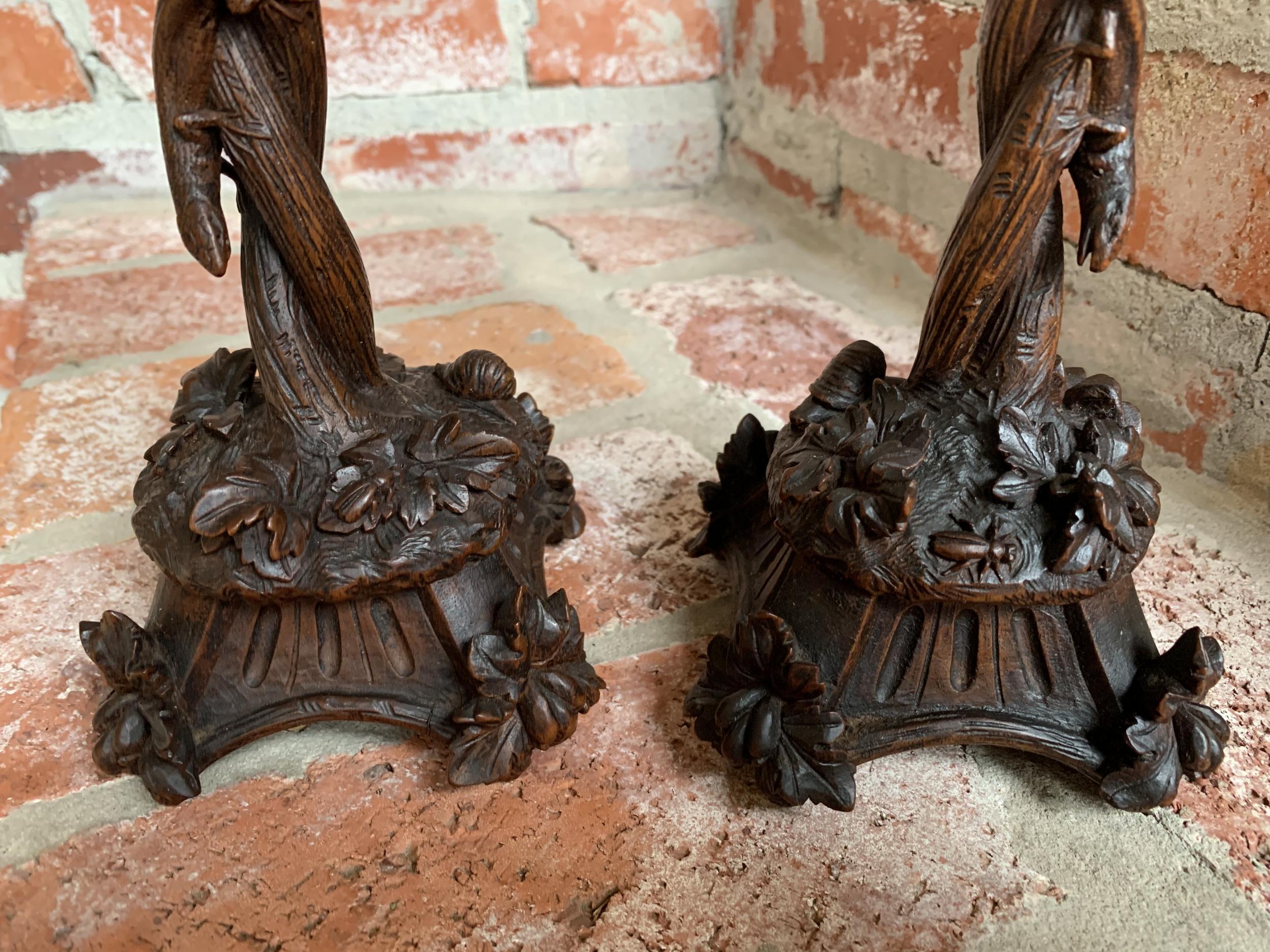 Antique Black Forest Carved Wood Candlesticks Candleholder Lizard Insects, Pair 14