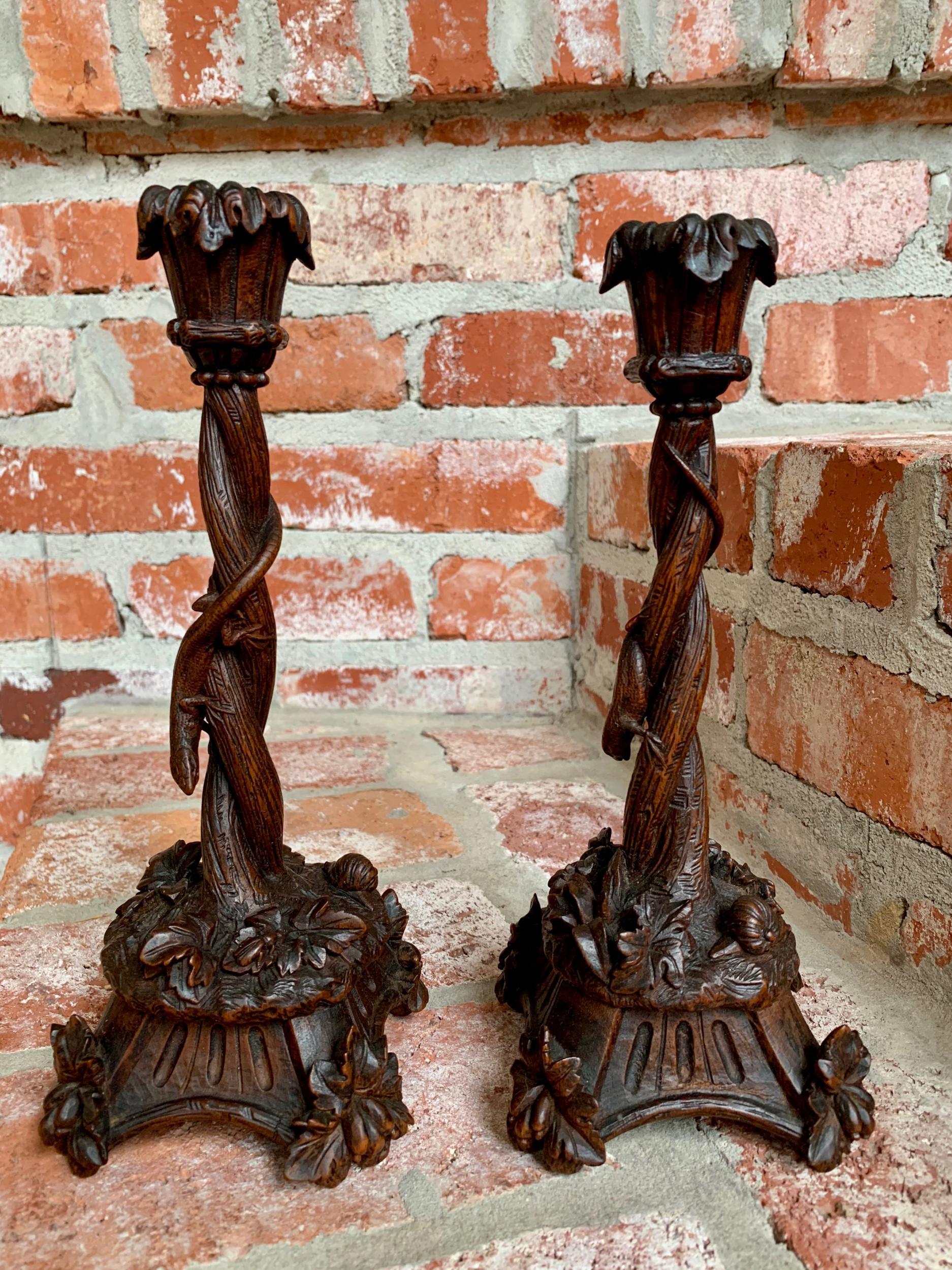 French Antique Black Forest Carved Wood Candlesticks Candleholder Lizard Insects, Pair